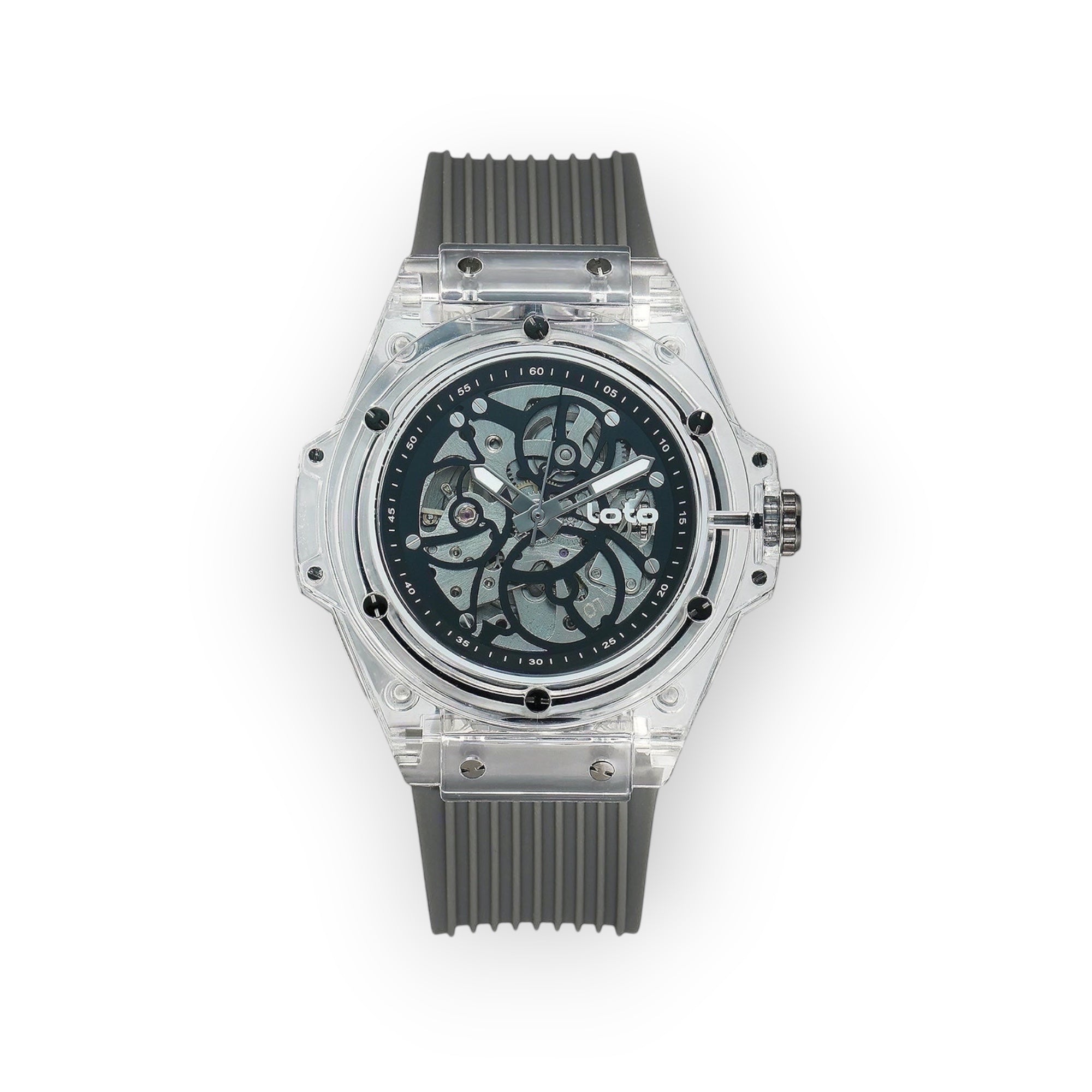 Reloj LOTO COMPANY VELOCE / 2540-1 con caja transparente de policarbonato y mecanismo expuesto. Correa de silicona gris.