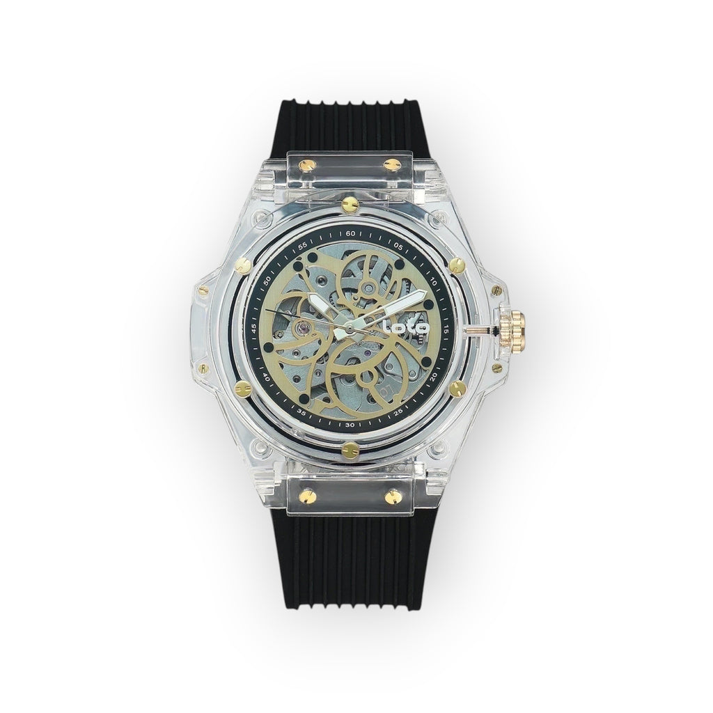 Reloj LOTO COMPANY VELOCE / 2540-1 con caja transparente de policarbonato y correa de silicona negra. Mecanismo expuesto y dial esqueletizado.