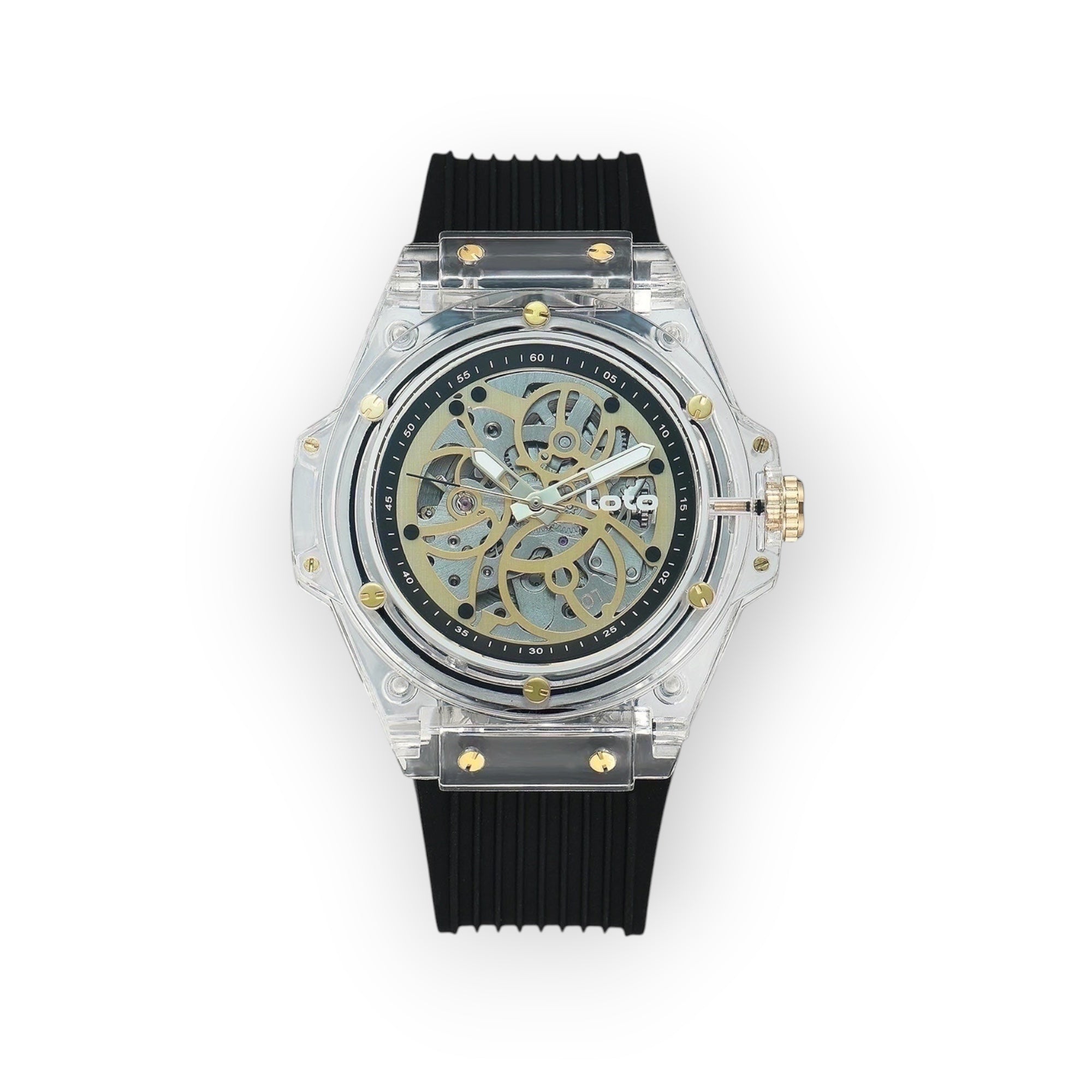 Reloj LOTO COMPANY VELOCE / 2540-1 con caja transparente de policarbonato y correa de silicona negra. Mecanismo expuesto y dial esqueletizado.