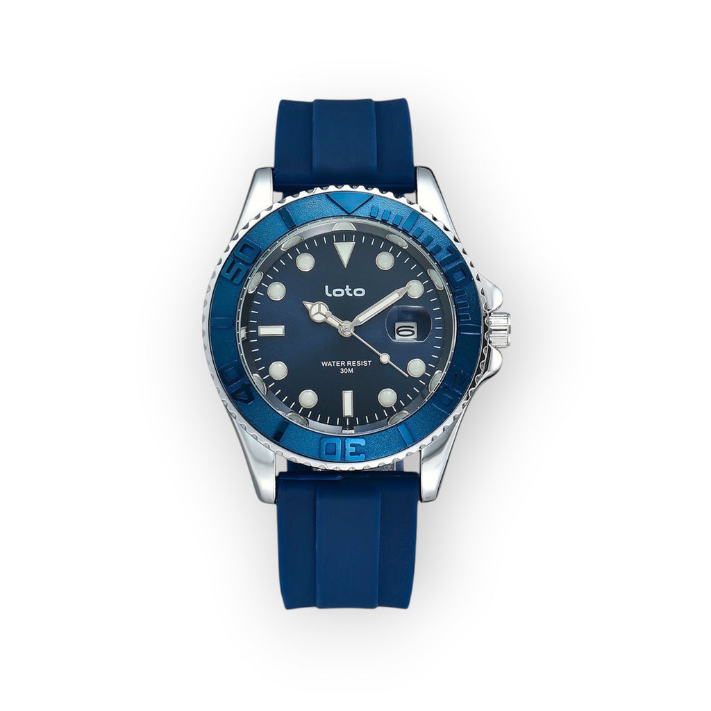 Reloj LOTO COMPANY EXPLORE / 2528-1 con esfera azul, bisel azul y correa de silicona azul. Resistente al agua 30m.