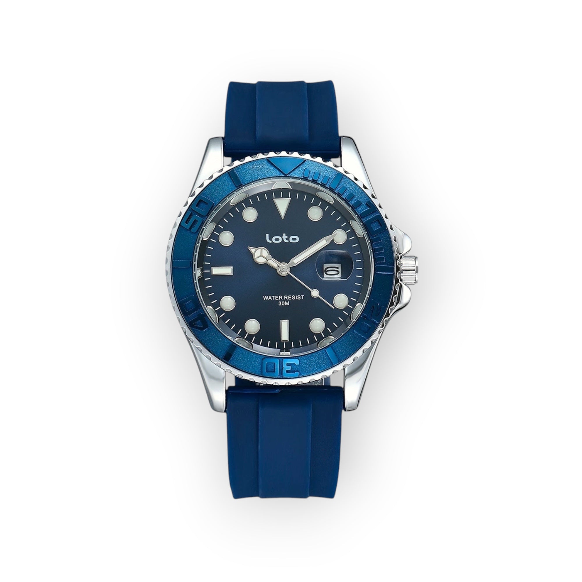Reloj LOTO COMPANY EXPLORE / 2528-1 con esfera azul, bisel azul y correa de silicona azul. Resistente al agua 30m.