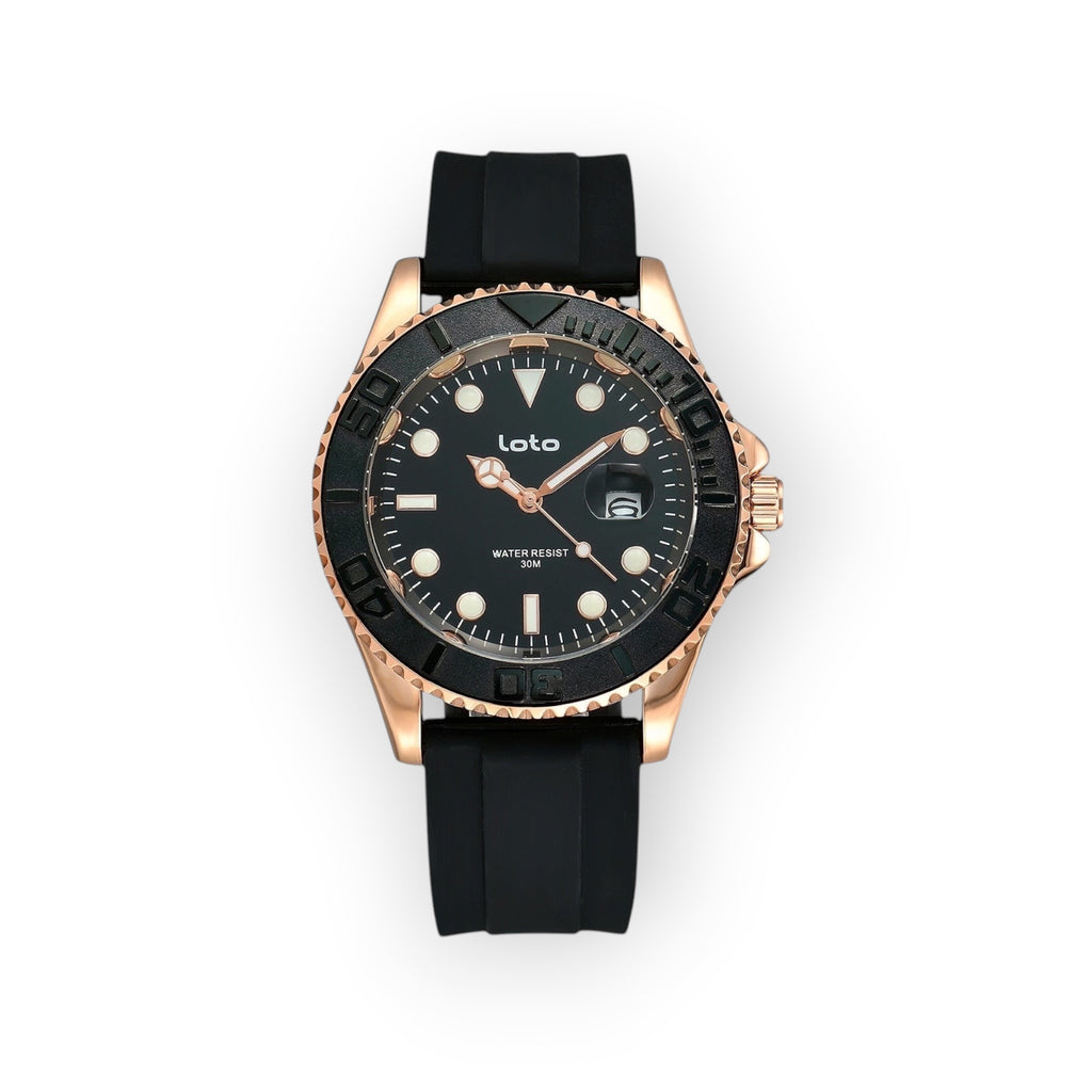 Reloj LOTO COMPANY EXPLORE / 2528-1 con caja de acero inoxidable en tono oro rosa, esfera negra y correa de silicona negra. Bisel giratorio y marcadores luminiscentes.