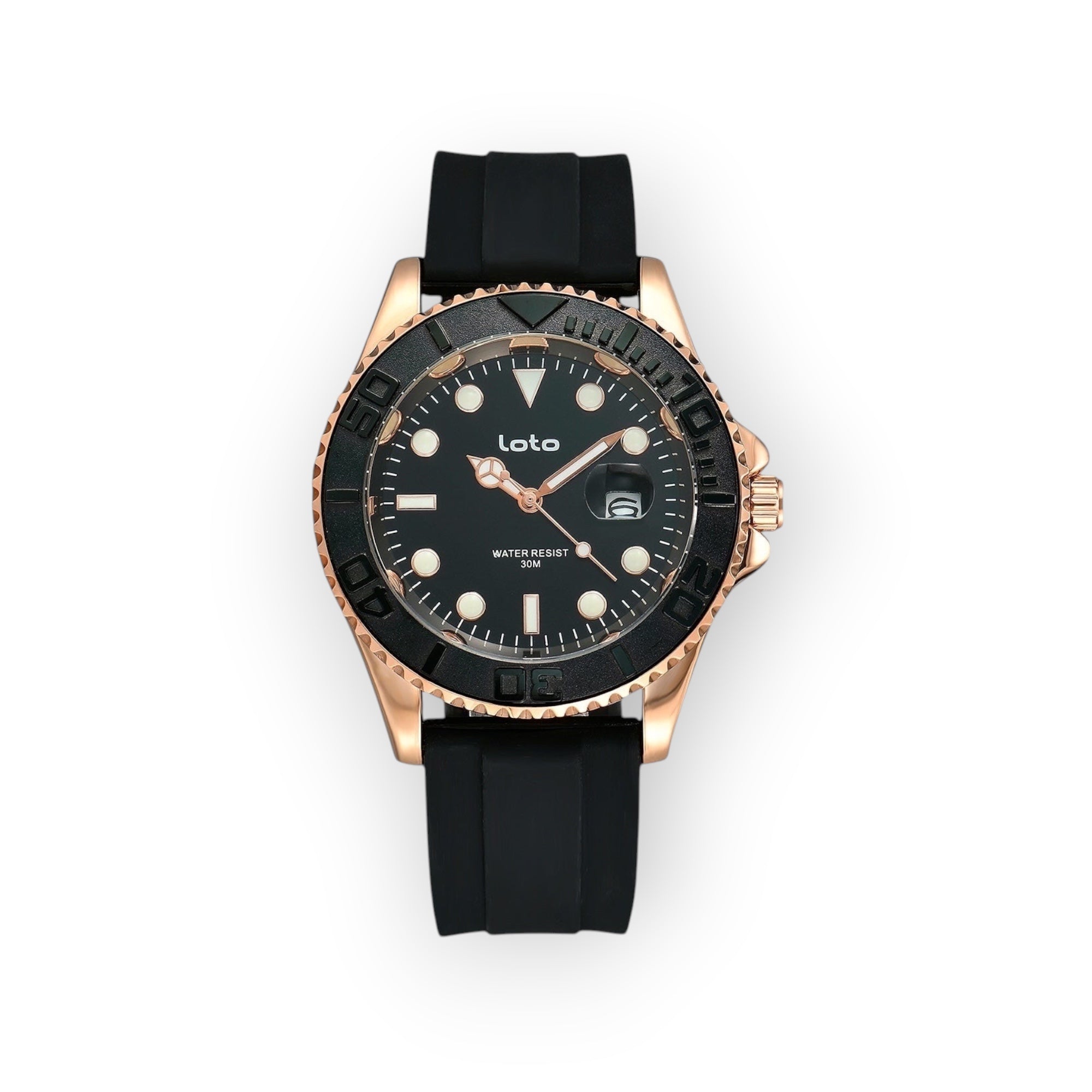 Reloj LOTO COMPANY EXPLORE / 2528-1 con caja de acero inoxidable en tono oro rosa, esfera negra y correa de silicona negra. Bisel giratorio y marcadores luminiscentes.