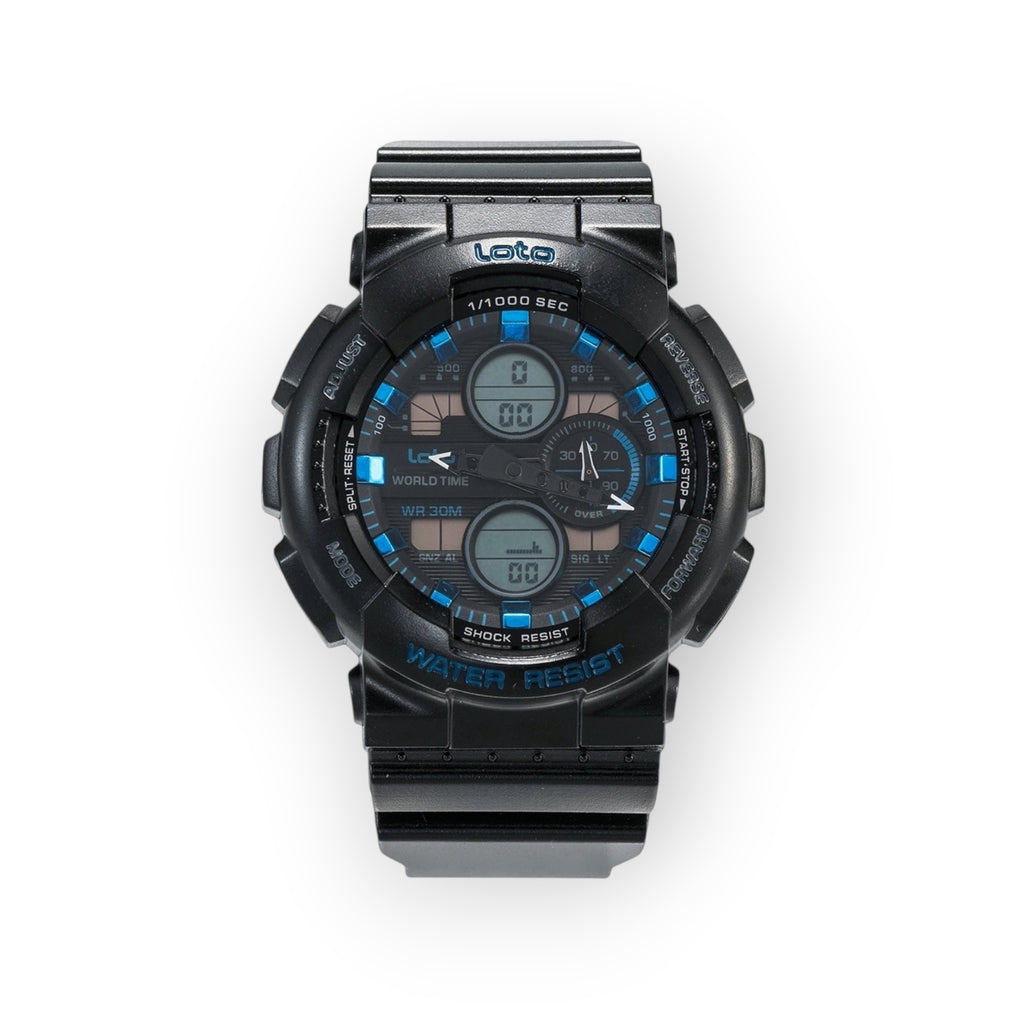 Reloj LOTO COMPANY EXTREME / 2399 negro con doble pantalla analógica y digital, resistente a golpes y agua 30m.