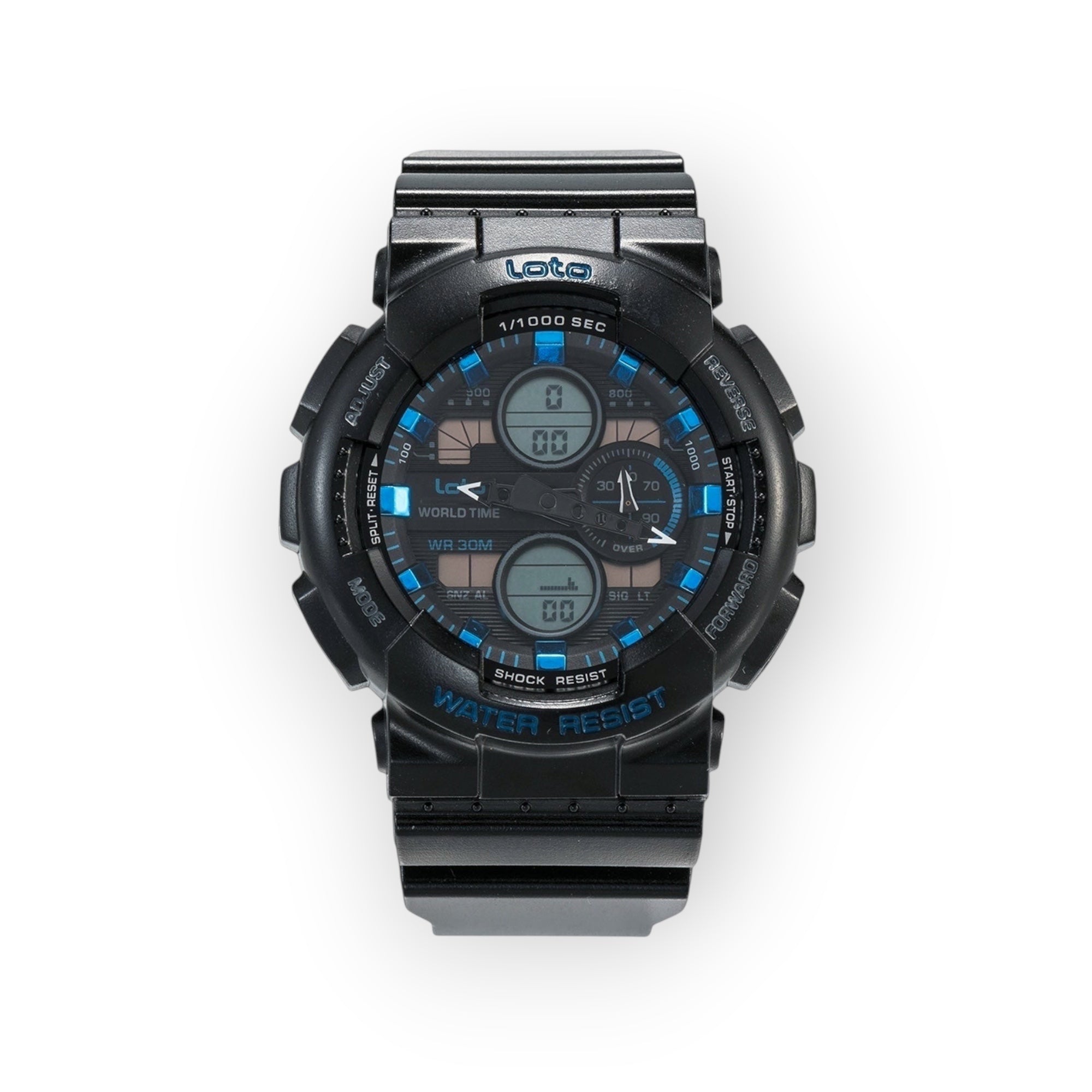 Reloj LOTO COMPANY EXTREME / 2399 negro con doble pantalla analógica y digital, resistente a golpes y agua 30m.