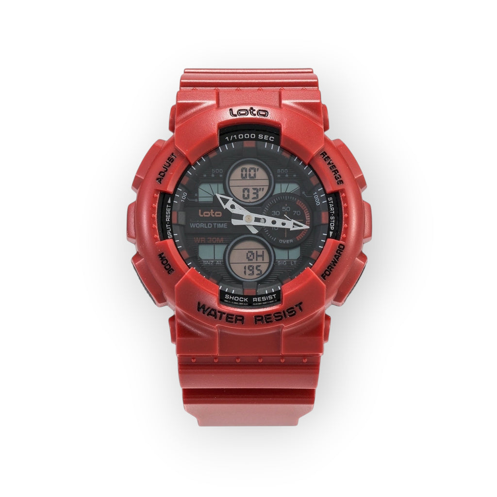 Reloj LOTO COMPANY EXTREME / 2399 rojo de doble pantalla con correa de resina, resistente a golpes y agua.