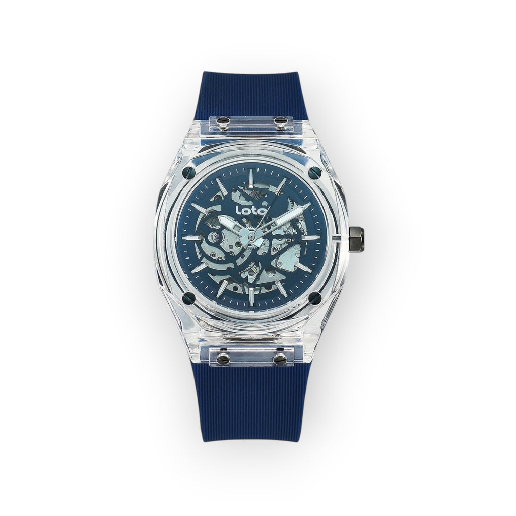 Reloj LOTO COMPANY FALCON con esfera esqueletizada, caja transparente y correa de silicona azul de estilo moderno.