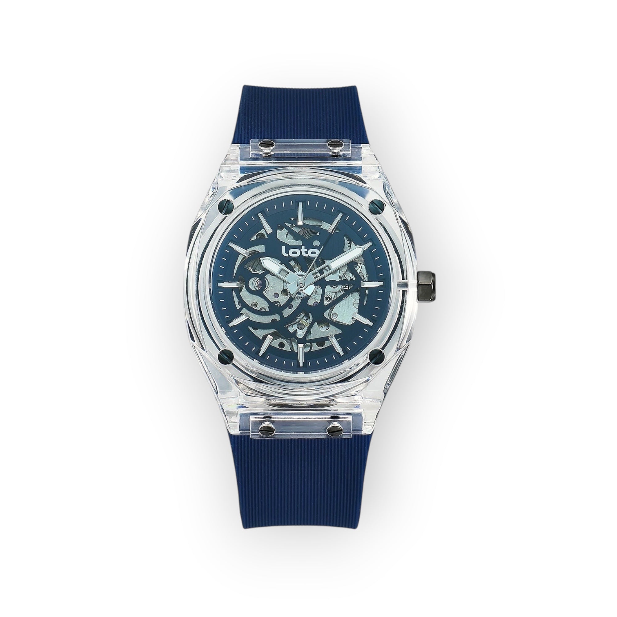 Reloj LOTO COMPANY FALCON con esfera esqueletizada, caja transparente y correa de silicona azul de estilo moderno.