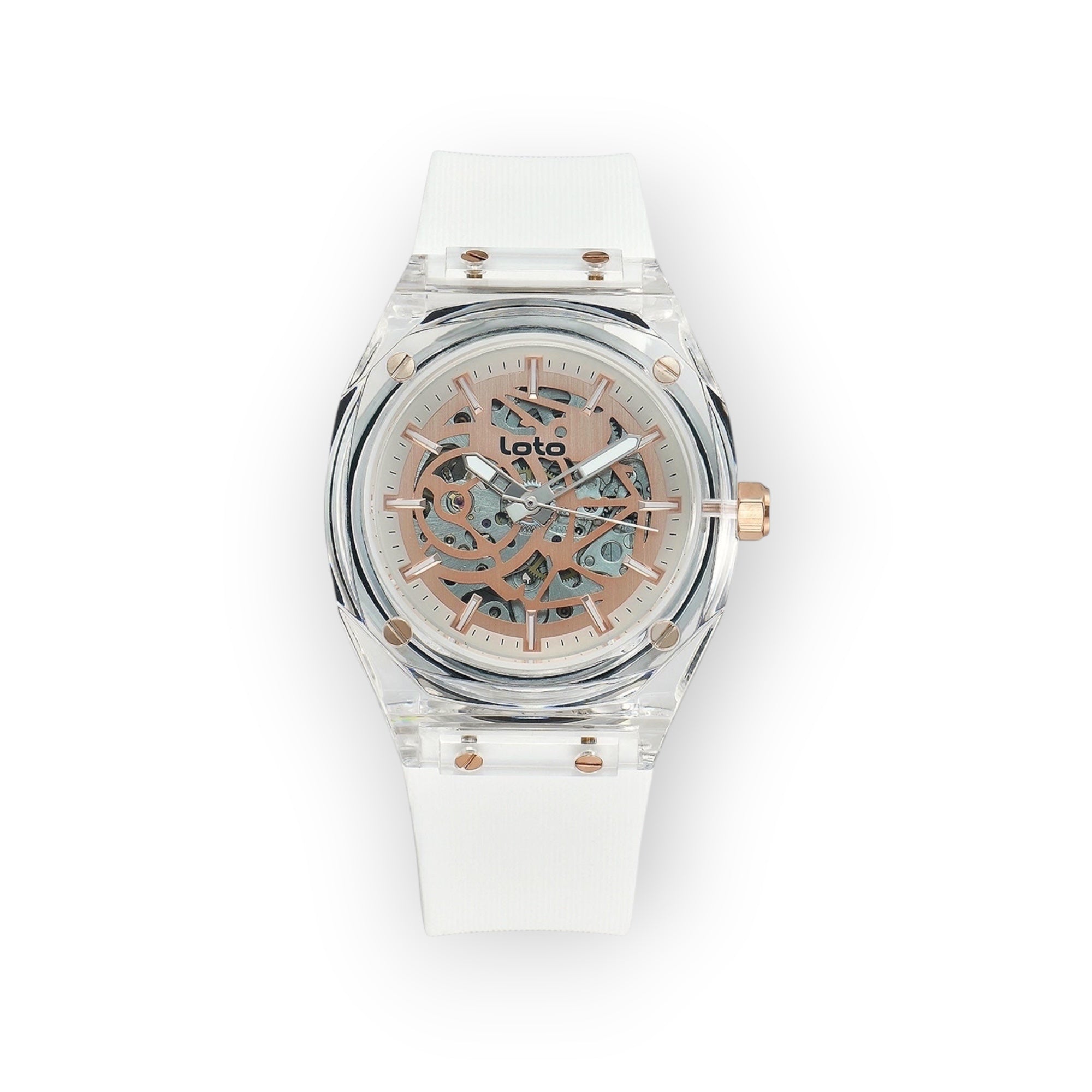 Reloj LOTO COMPANY FALCON con esfera esqueletizada, caja transparente y correa de silicona blanca de estilo moderno.