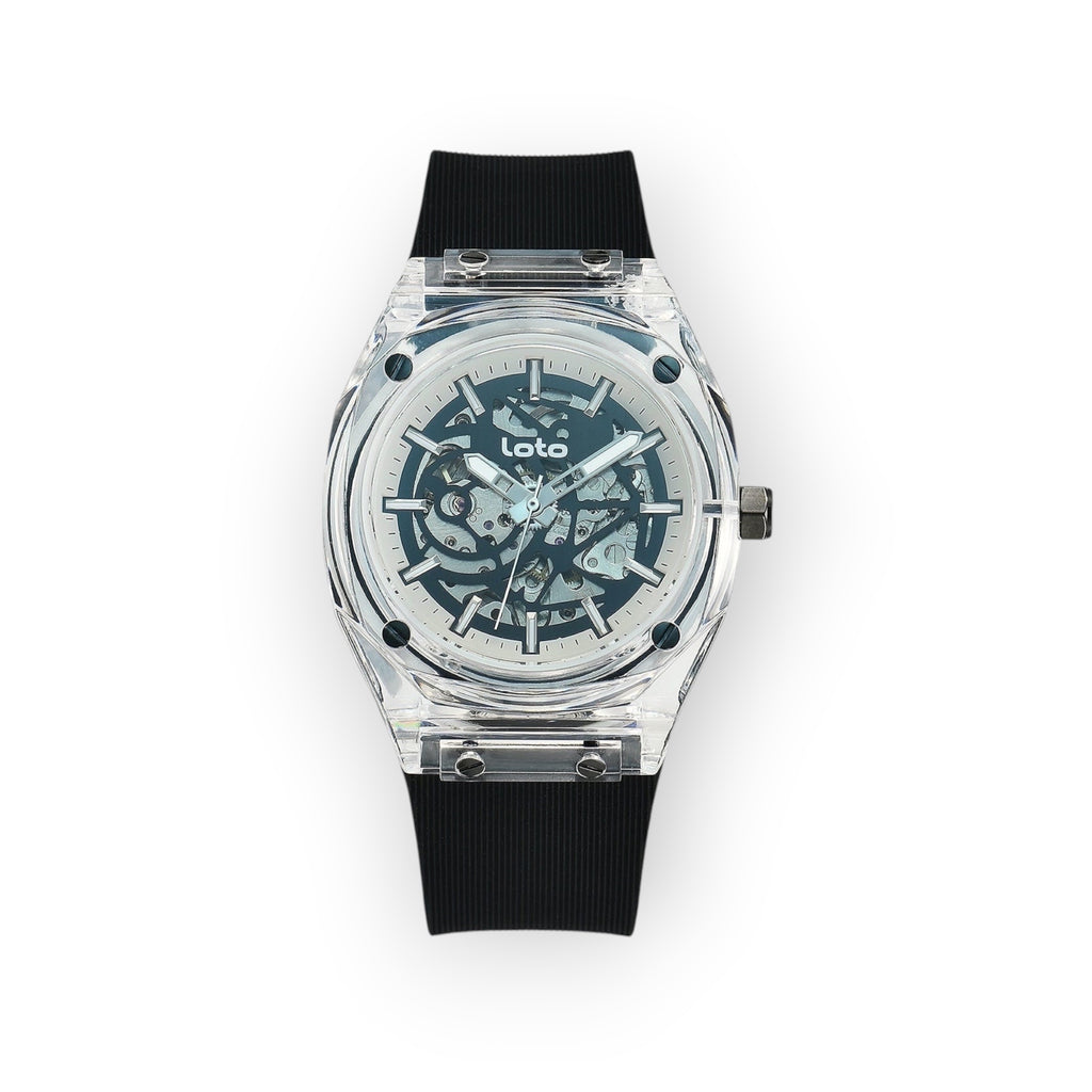 Reloj LOTO COMPANY FALCON con esfera esqueleto, caja transparente y correa de silicona negra de estilo vanguardista.