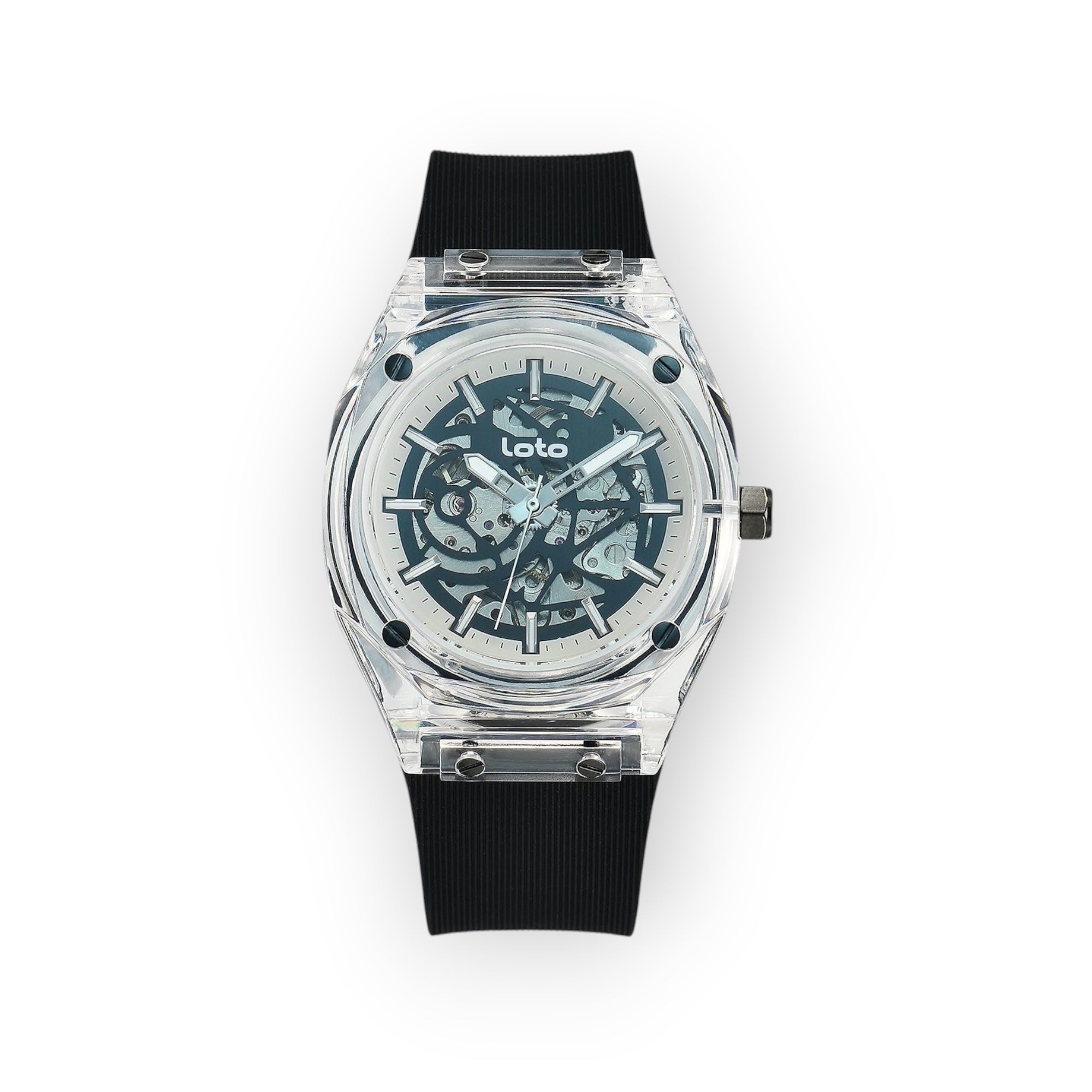 Reloj LOTO COMPANY FALCON con esfera esqueleto, caja transparente y correa de silicona negra de estilo vanguardista.
