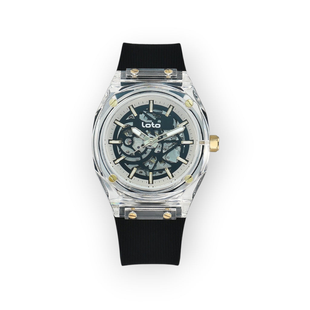 Reloj LOTO COMPANY FALCON con esfera esqueletizada, caja transparente y correa de silicona negra de estilo moderno.