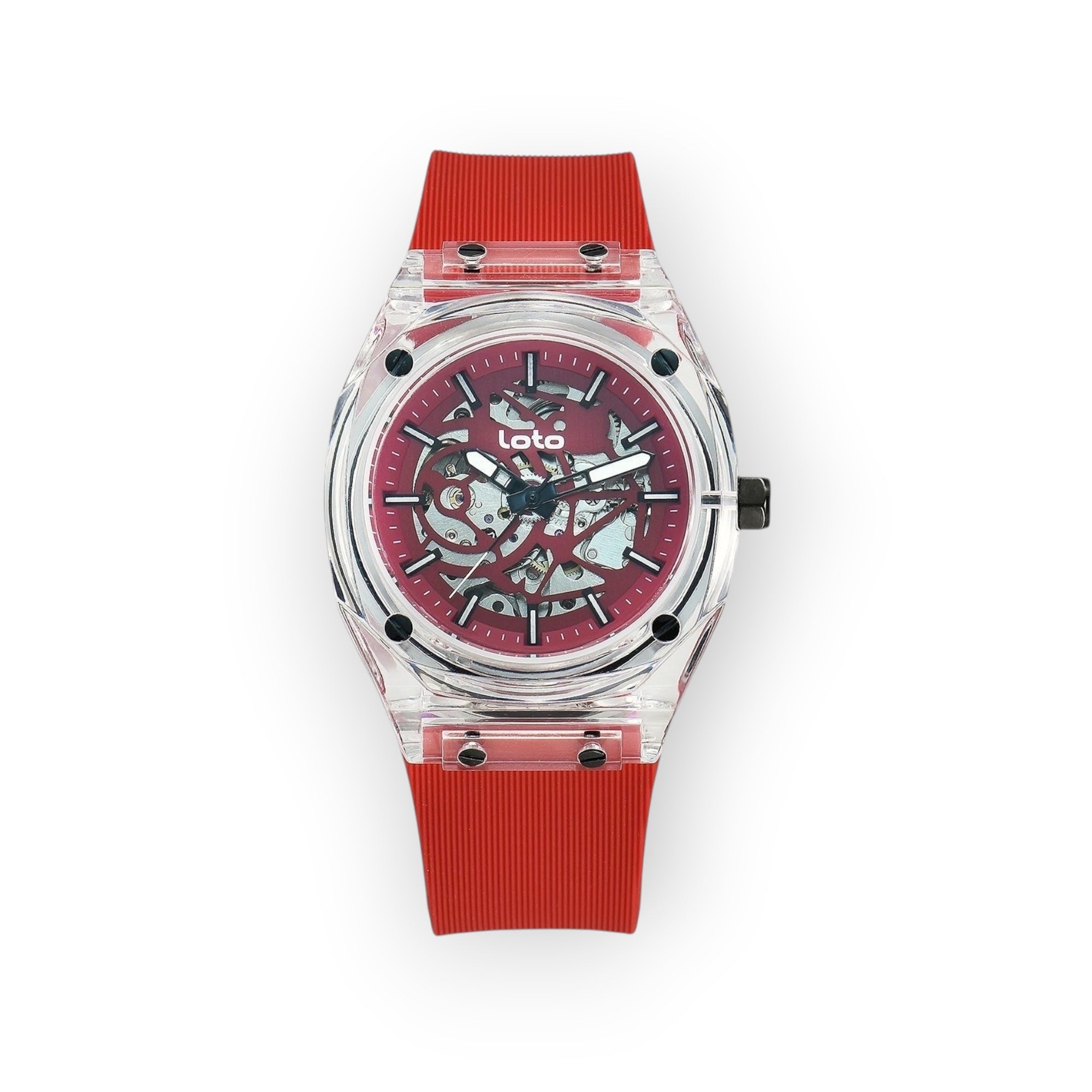 Reloj LOTO COMPANY FALCON con esfera esqueletizada roja, caja transparente y correa de silicona roja ergonómica.