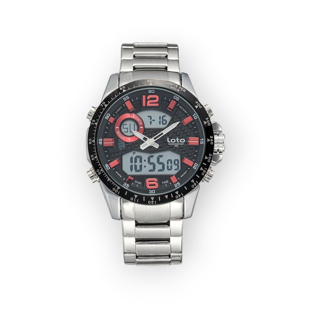 Reloj LOTO COMPANY FUSION / 2421 analógico-digital de acero inoxidable con esfera multifunción y bisel iridiscente.