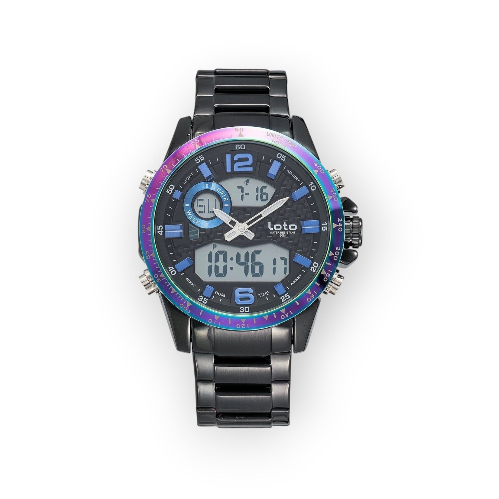Reloj LOTO COMPANY FUSION / 2421 analógico-digital de acero inoxidable negro con bisel iridiscente y esfera multifunción.