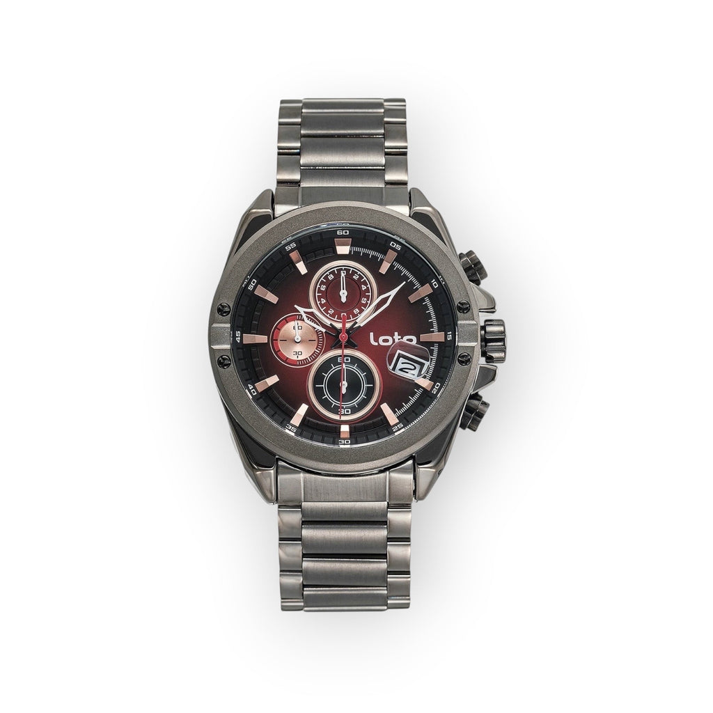 Reloj LOTO COMPANY GEAR / 2430 de acero inoxidable con esfera multifunción en tono burdeos y cronógrafo.