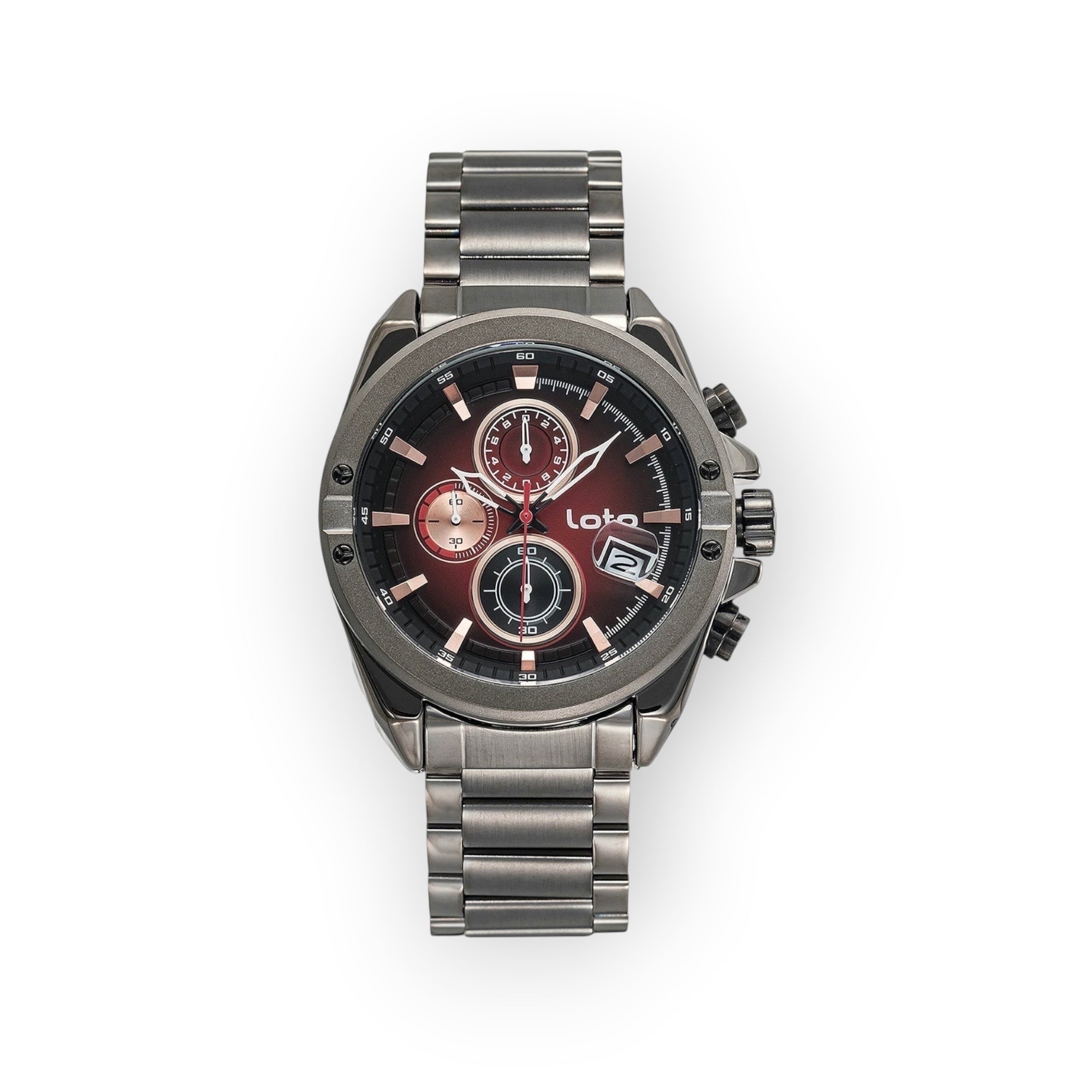Reloj LOTO COMPANY GEAR / 2430 de acero inoxidable con esfera multifunción en tono burdeos y cronógrafo.