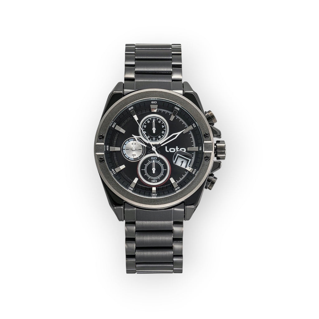 Reloj cronógrafo LOTO COMPANY GEAR / 2430 de acero inoxidable negro con esfera multifunción y bisel deportivo.