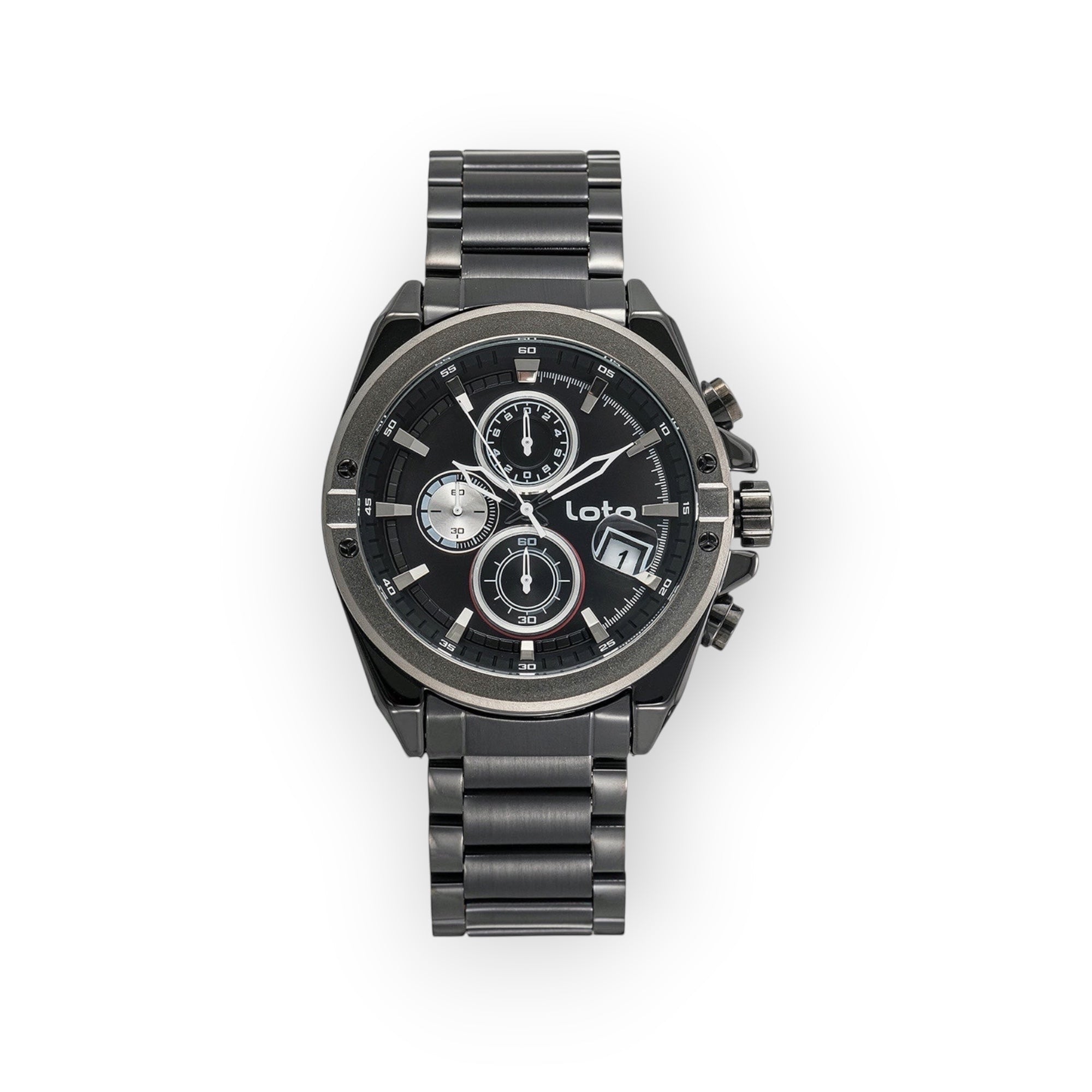 Reloj cronógrafo LOTO COMPANY GEAR / 2430 de acero inoxidable negro con esfera multifunción y bisel deportivo.