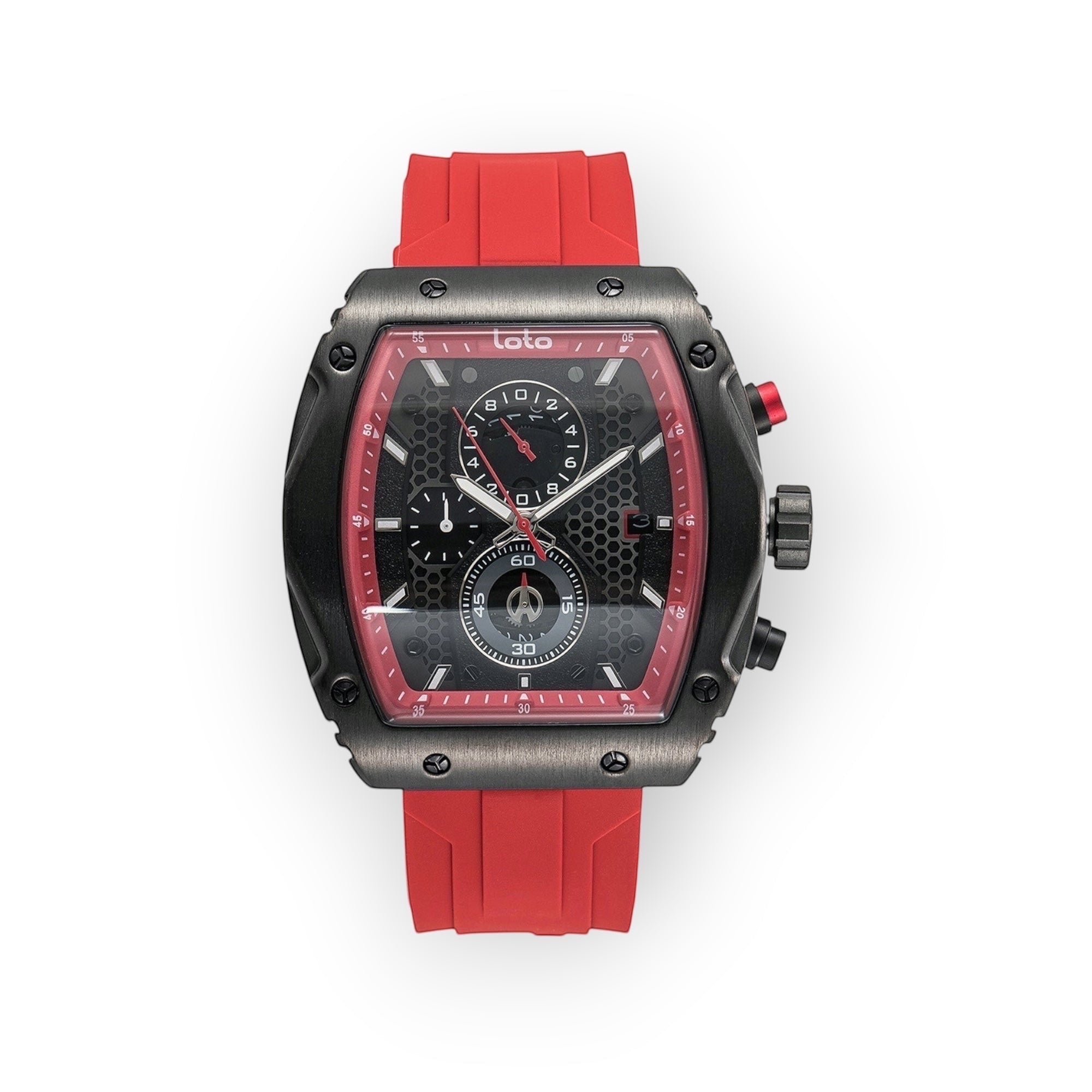Reloj LOTO COMPANY HEXA / 2431 con caja hexagonal gris cepillado, esfera negra de panal, cronógrafo y correa de silicona roja.