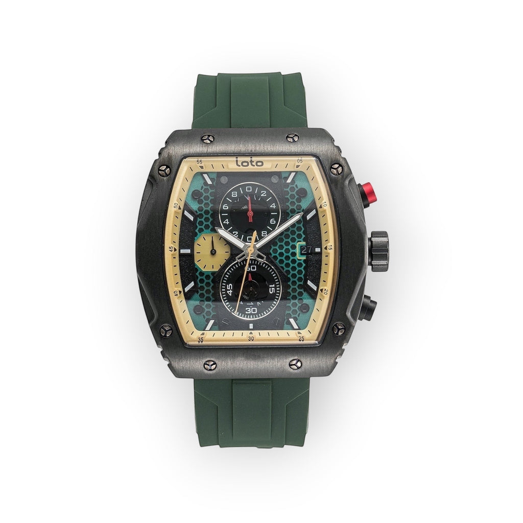 Reloj LOTO COMPANY HEXA / 2431 con esfera hexagonal verde y negra, cronógrafo y correa de silicona verde.