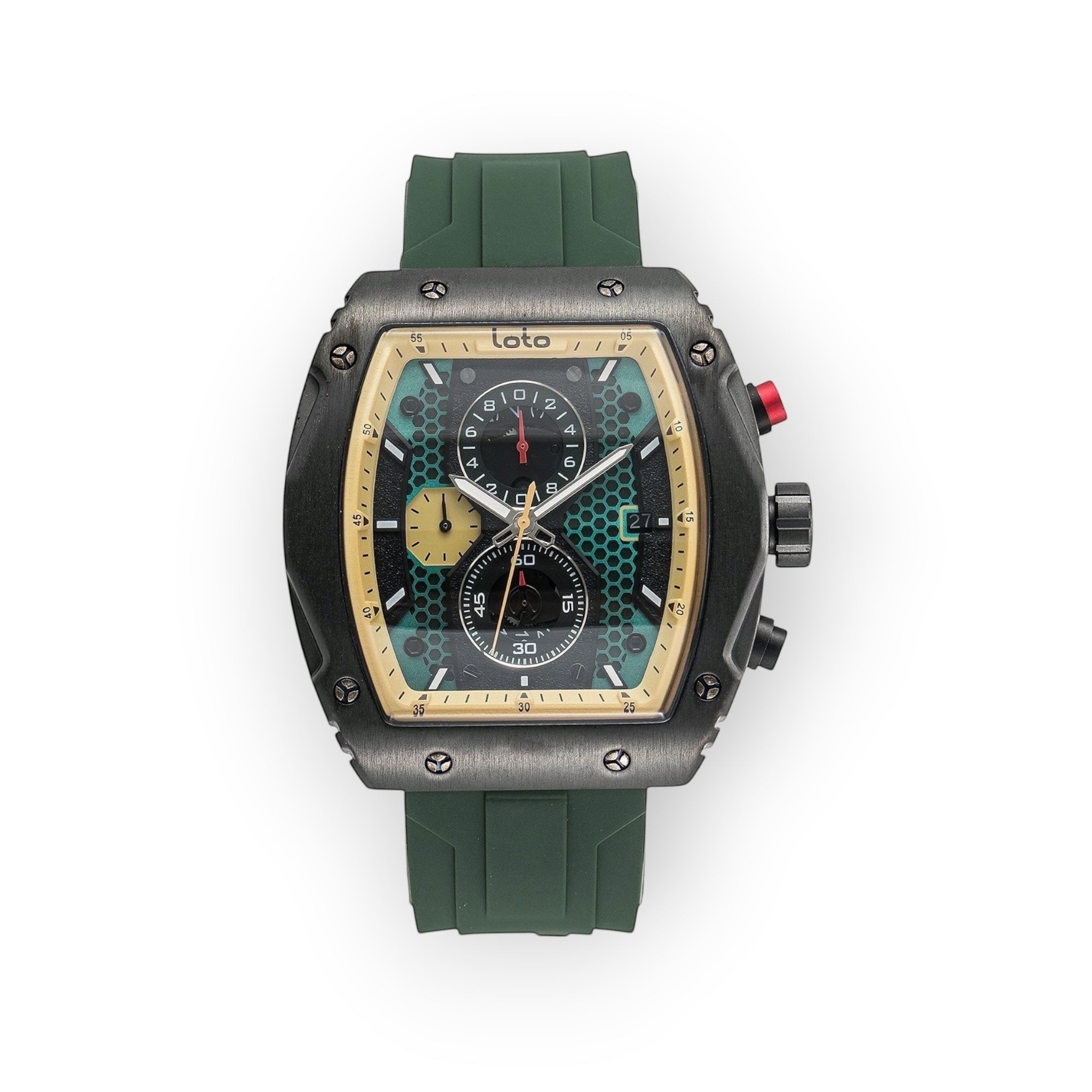 Reloj LOTO COMPANY HEXA / 2431 con esfera hexagonal verde y negra, cronógrafo y correa de silicona verde.