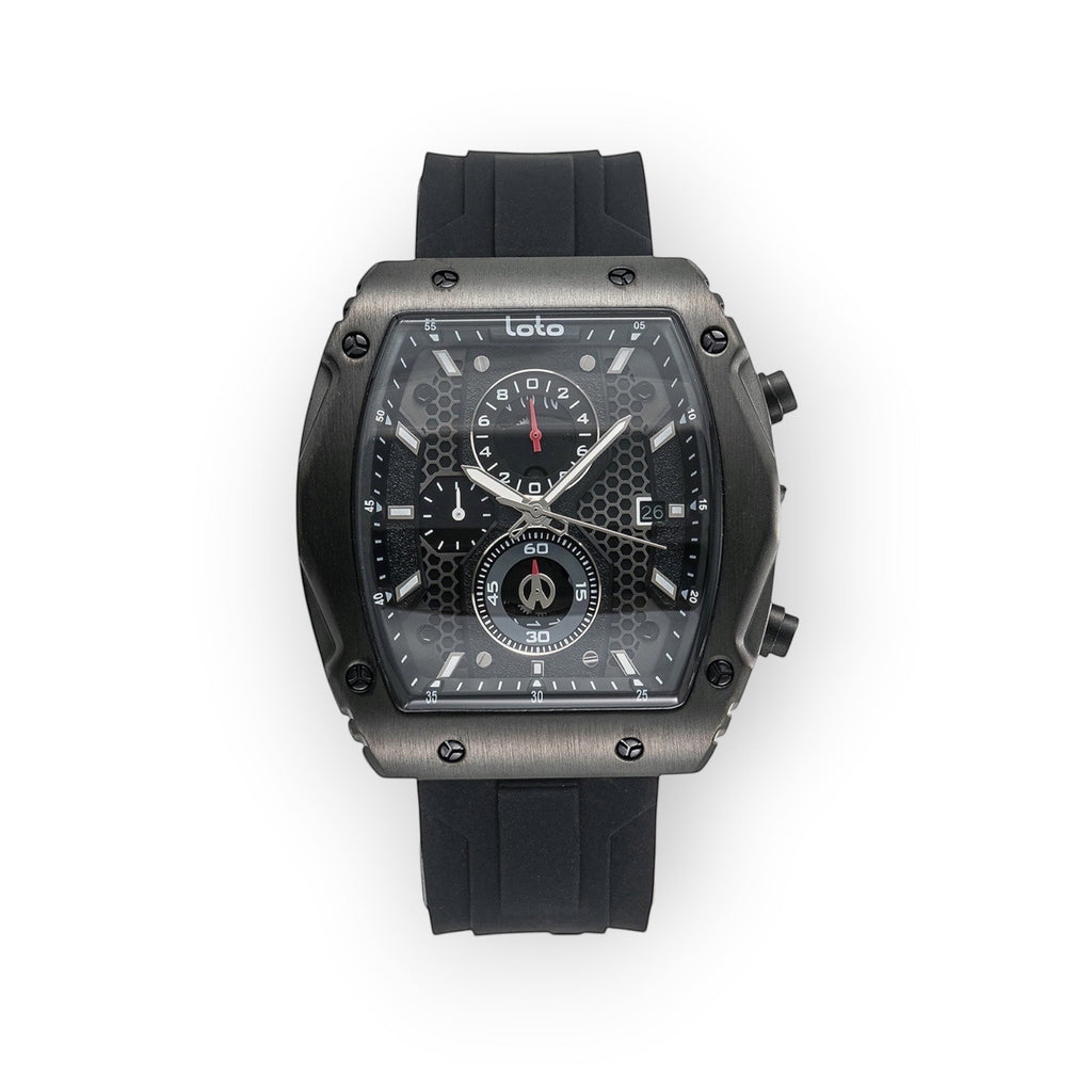 Reloj LOTO COMPANY HEXA / 2431 con esfera negra de panal, cronógrafo y correa de silicona negra.