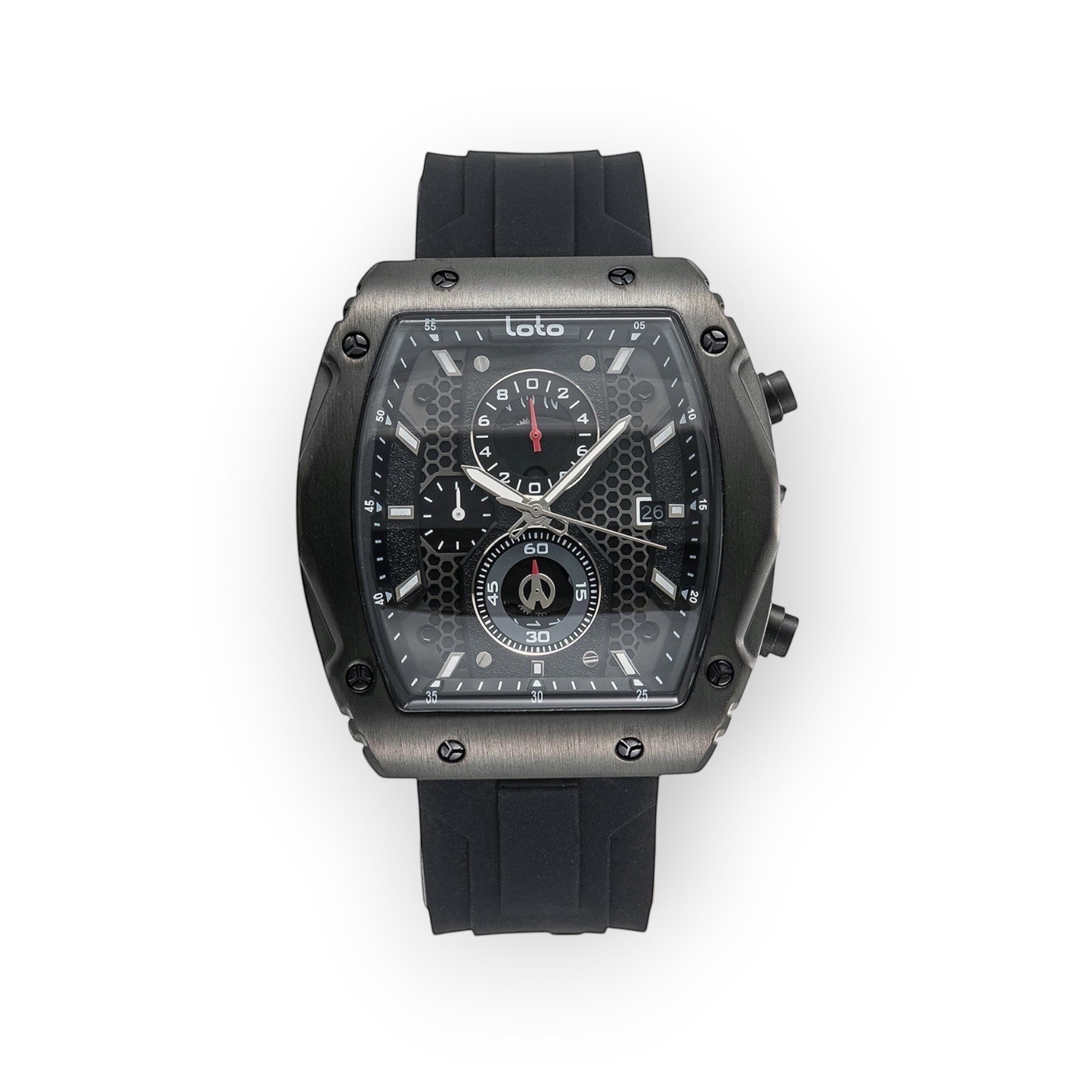 Reloj LOTO COMPANY HEXA / 2431 con esfera negra de panal, cronógrafo y correa de silicona negra.