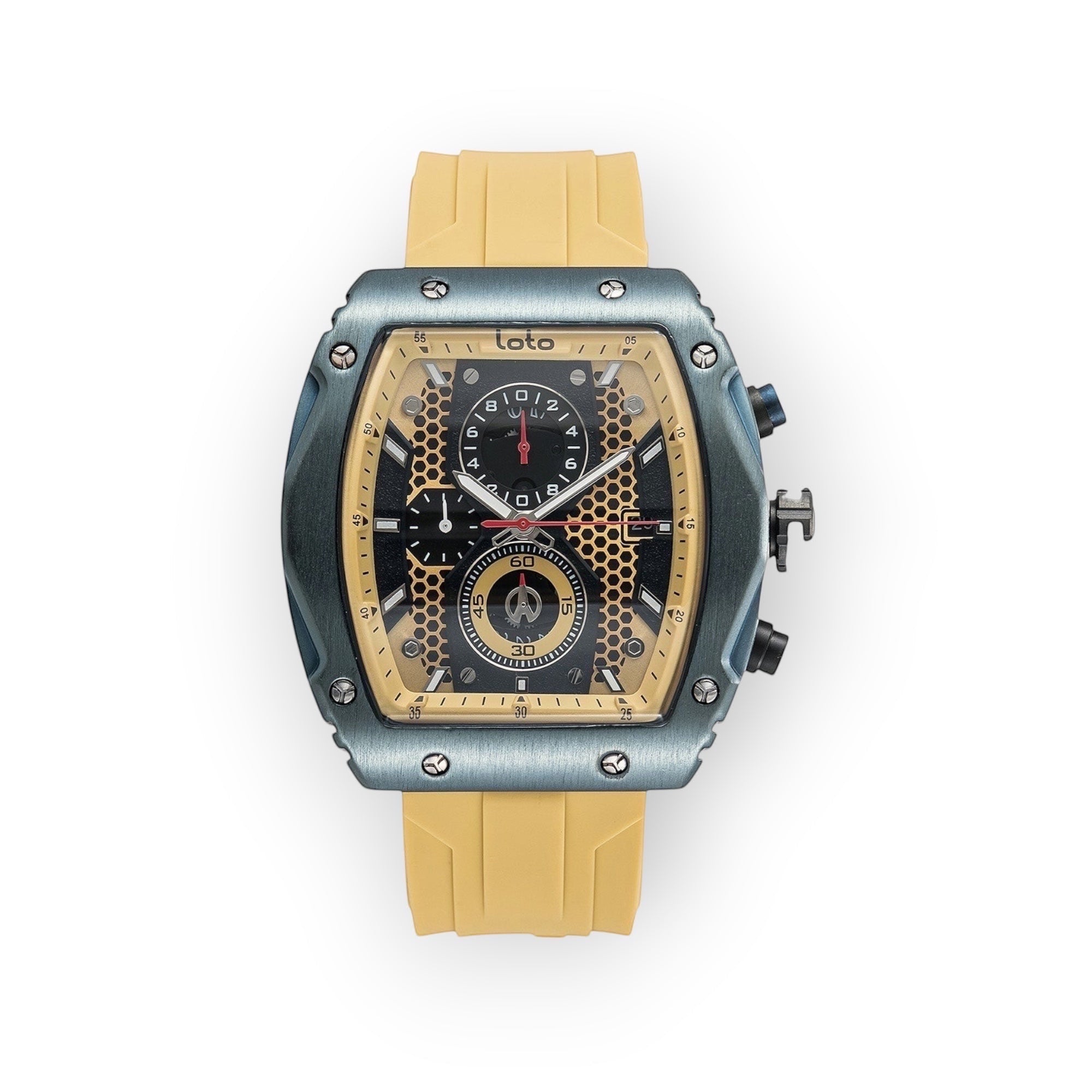 Reloj LOTO COMPANY HEXA / 2431 con caja hexagonal gris, esfera dorada con patrón de panal y cronógrafo, correa de silicona amarilla.