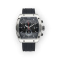 Reloj LOTO COMPANY HEXA / 2431 plateado con esfera negra de panal, cronógrafo y correa de silicona negra.