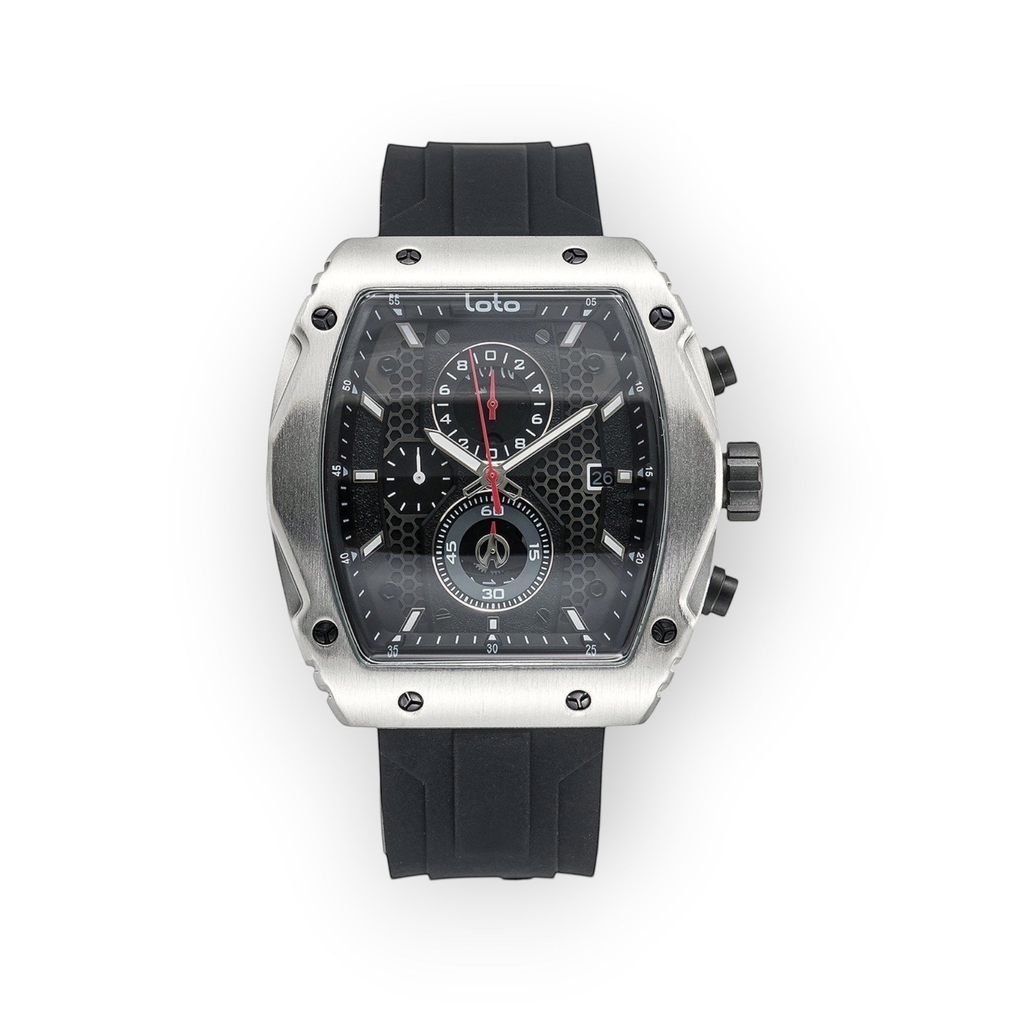 Reloj LOTO COMPANY HEXA / 2431 plateado con esfera negra de panal, cronógrafo y correa de silicona negra.