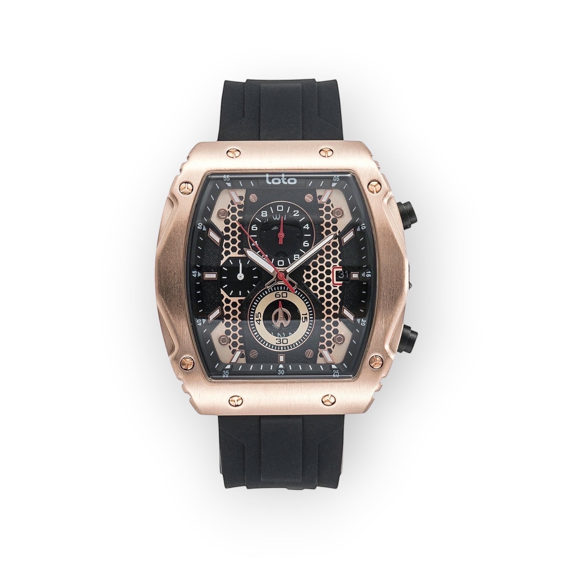 Reloj LOTO COMPANY HEXA / 2431 con caja hexagonal en oro rosa, esfera negra con patrón de panal y cronógrafo, correa de silicona negra.