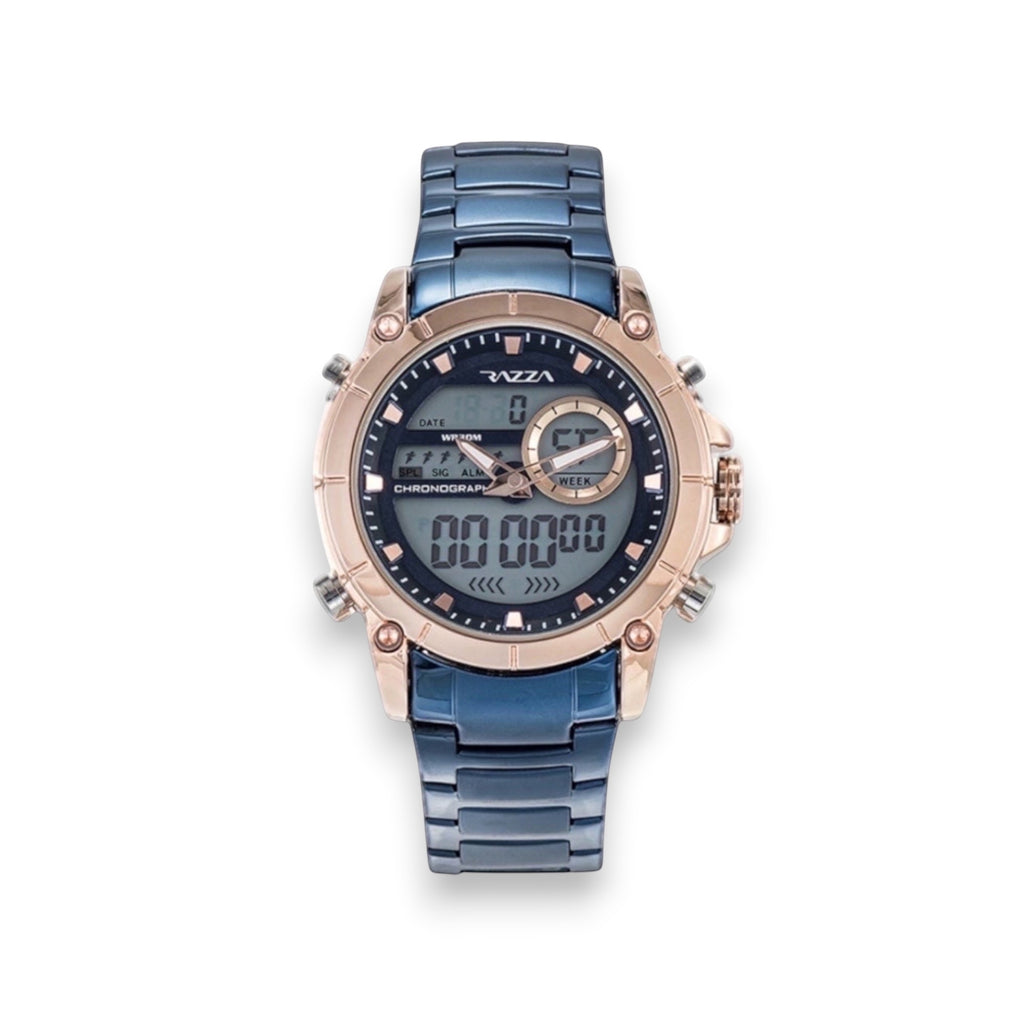 Reloj cronógrafo híbrido LOTO COMPANY AURIX 31079 con correa de acero azul y bisel en tono oro rosa.