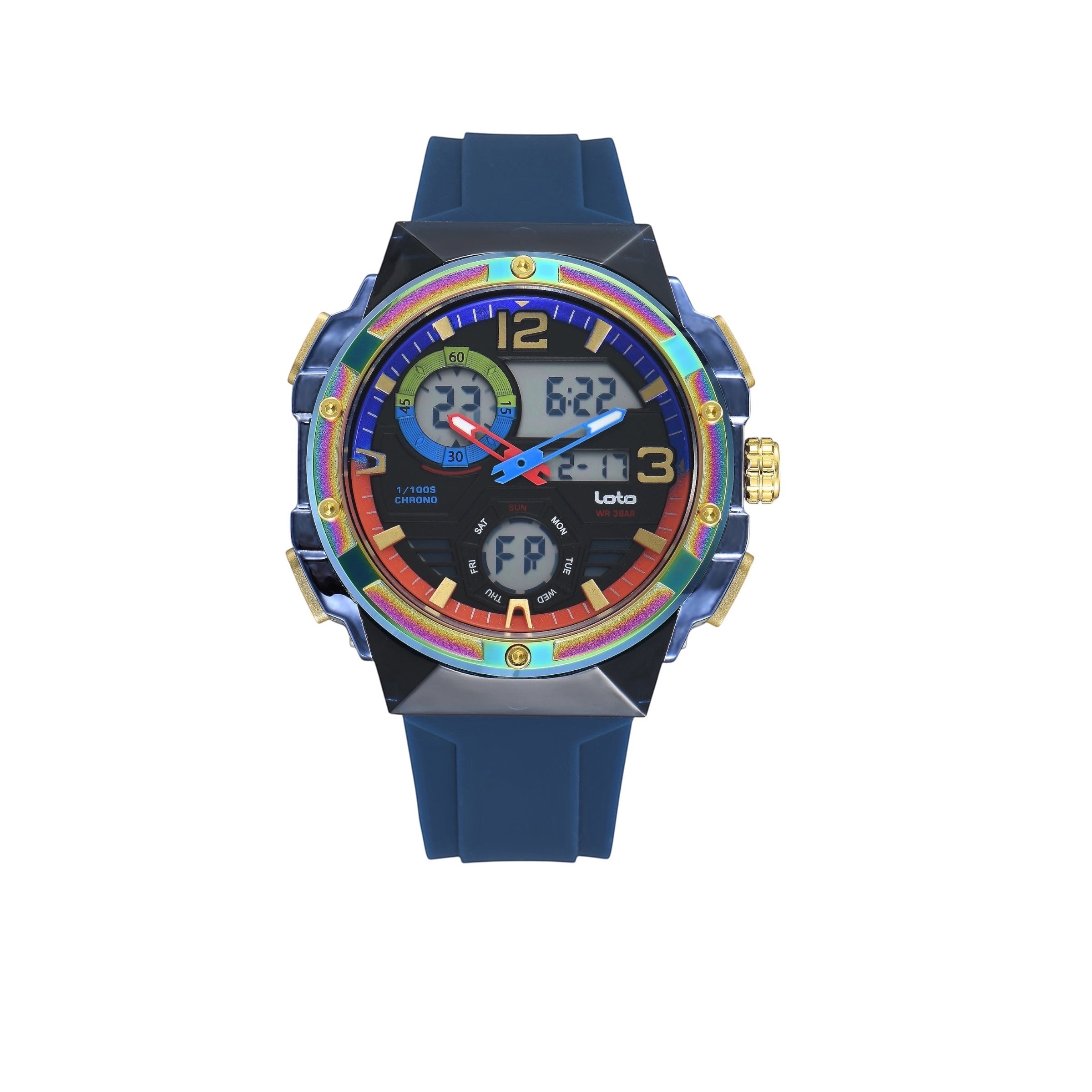 Reloj híbrido LOTO COMPANY SPARTAN 2576 con correa de silicona azul, bisel iridiscente y pantalla analógico-digital.