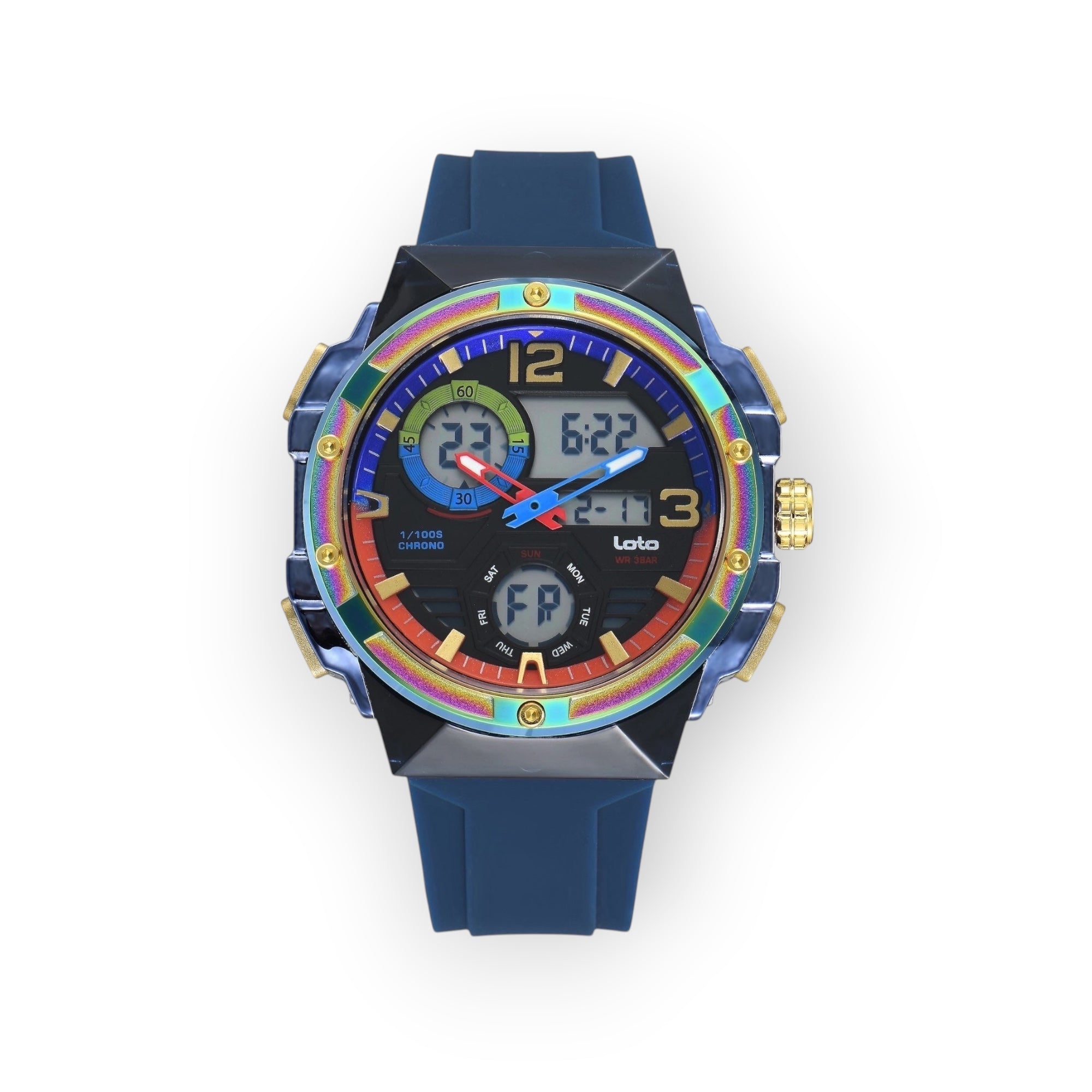 Reloj híbrido LOTO COMPANY SPARTAN 2576 con correa de silicona azul, bisel iridiscente y pantalla analógico-digital.