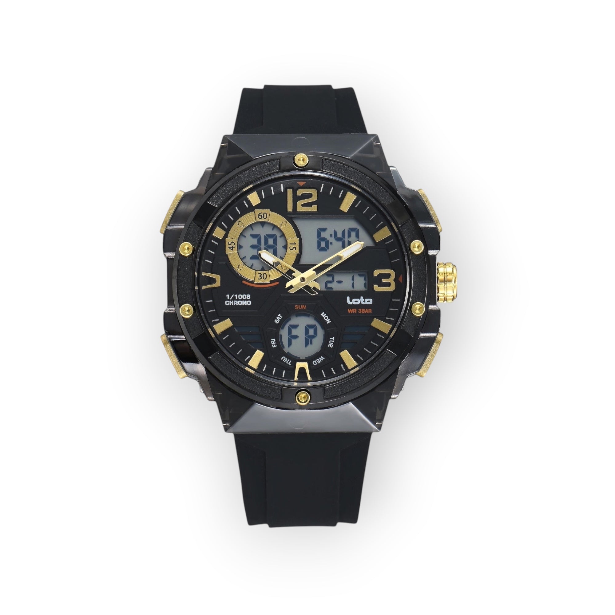 Reloj híbrido LOTO COMPANY SPARTAN negro y dorado con correa de silicona, pantalla digital y manecillas analógicas.