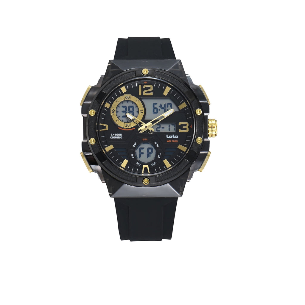 Reloj híbrido LOTO COMPANY SPARTAN negro y dorado con correa de silicona, pantalla digital y manecillas analógicas.