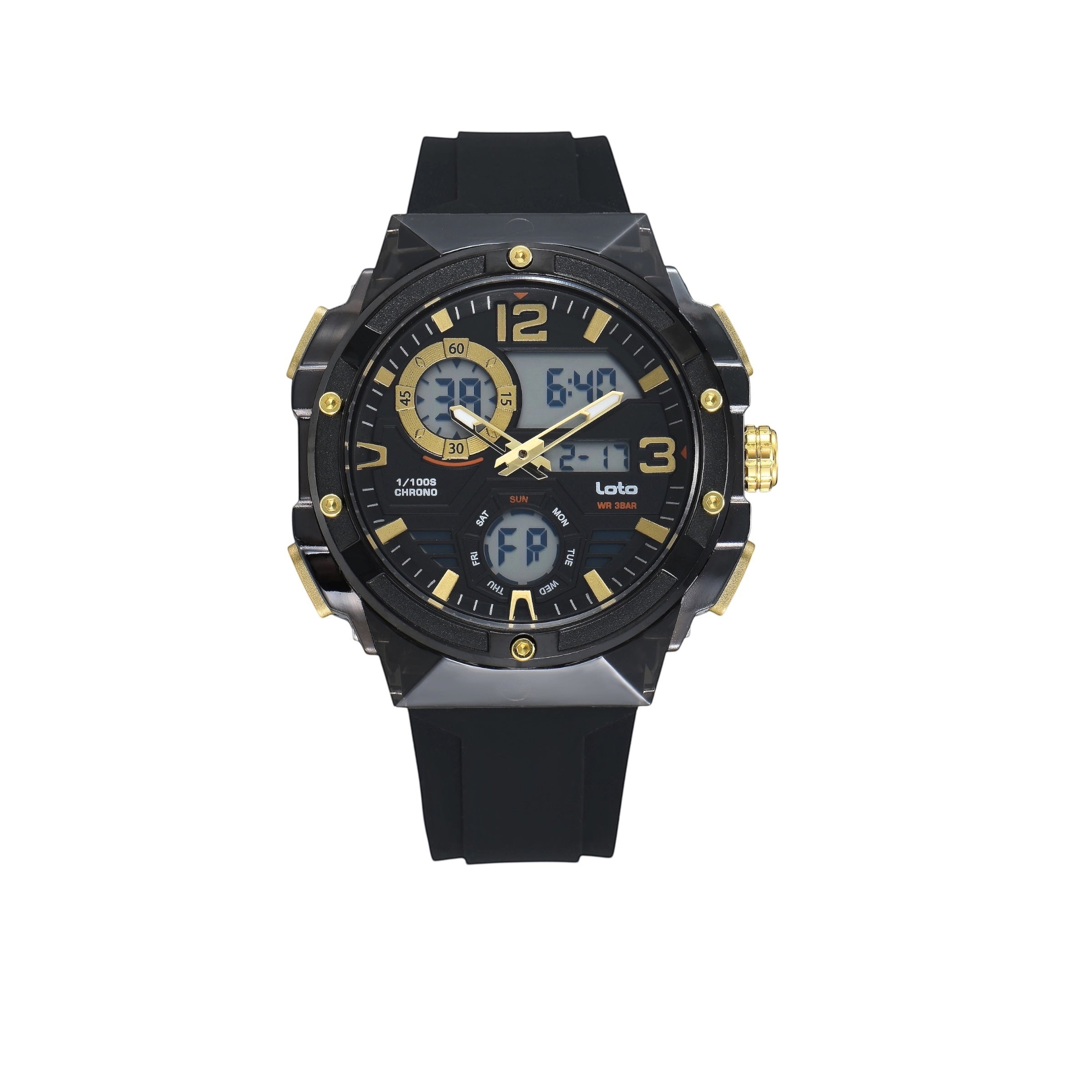 Reloj híbrido LOTO COMPANY SPARTAN negro y dorado con correa de silicona, pantalla digital y manecillas analógicas.