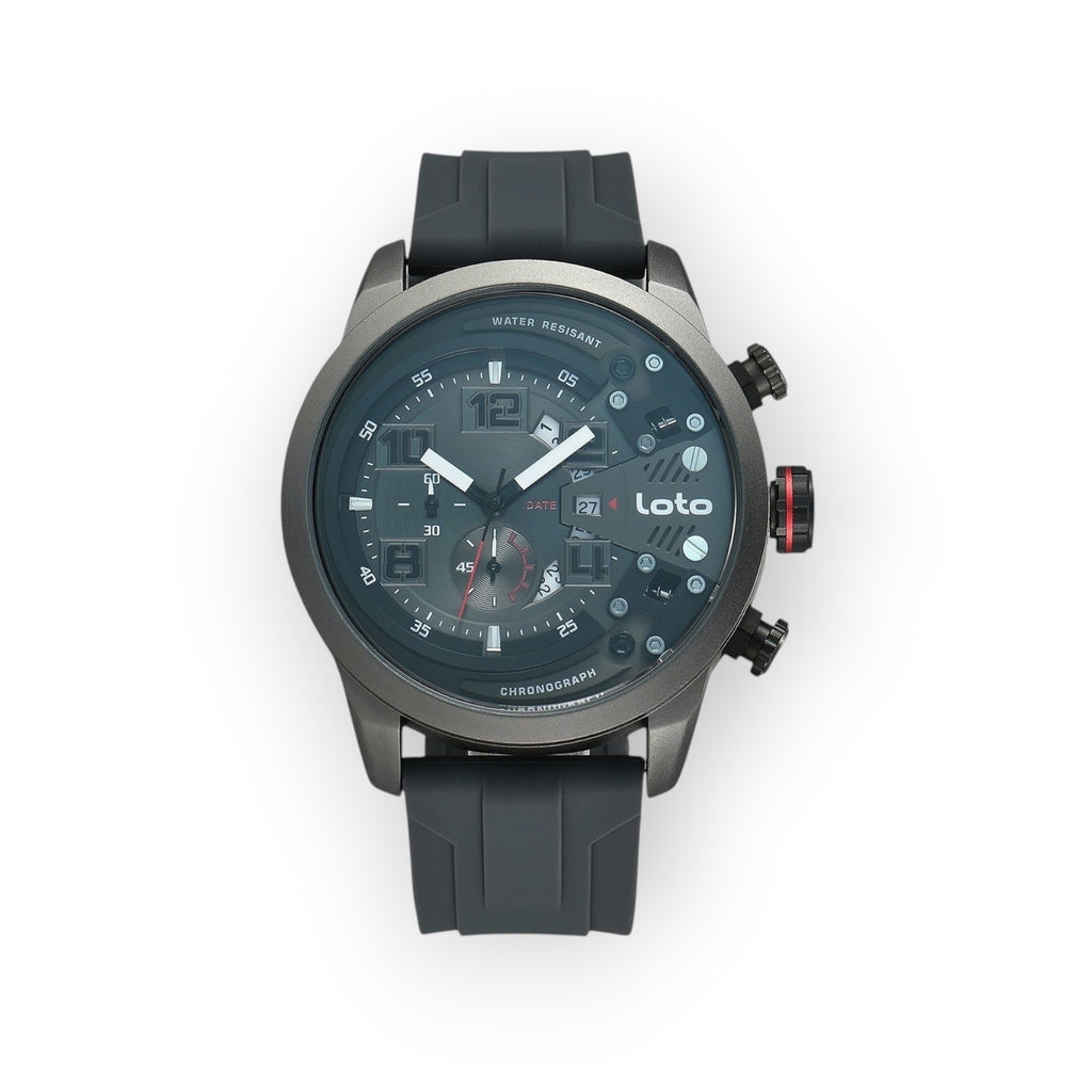 Reloj LOTO COMPANY de hombre con caja de acero inoxidable y correa de silicona negra. Esfera gris con cronógrafo y detalles luminosos.