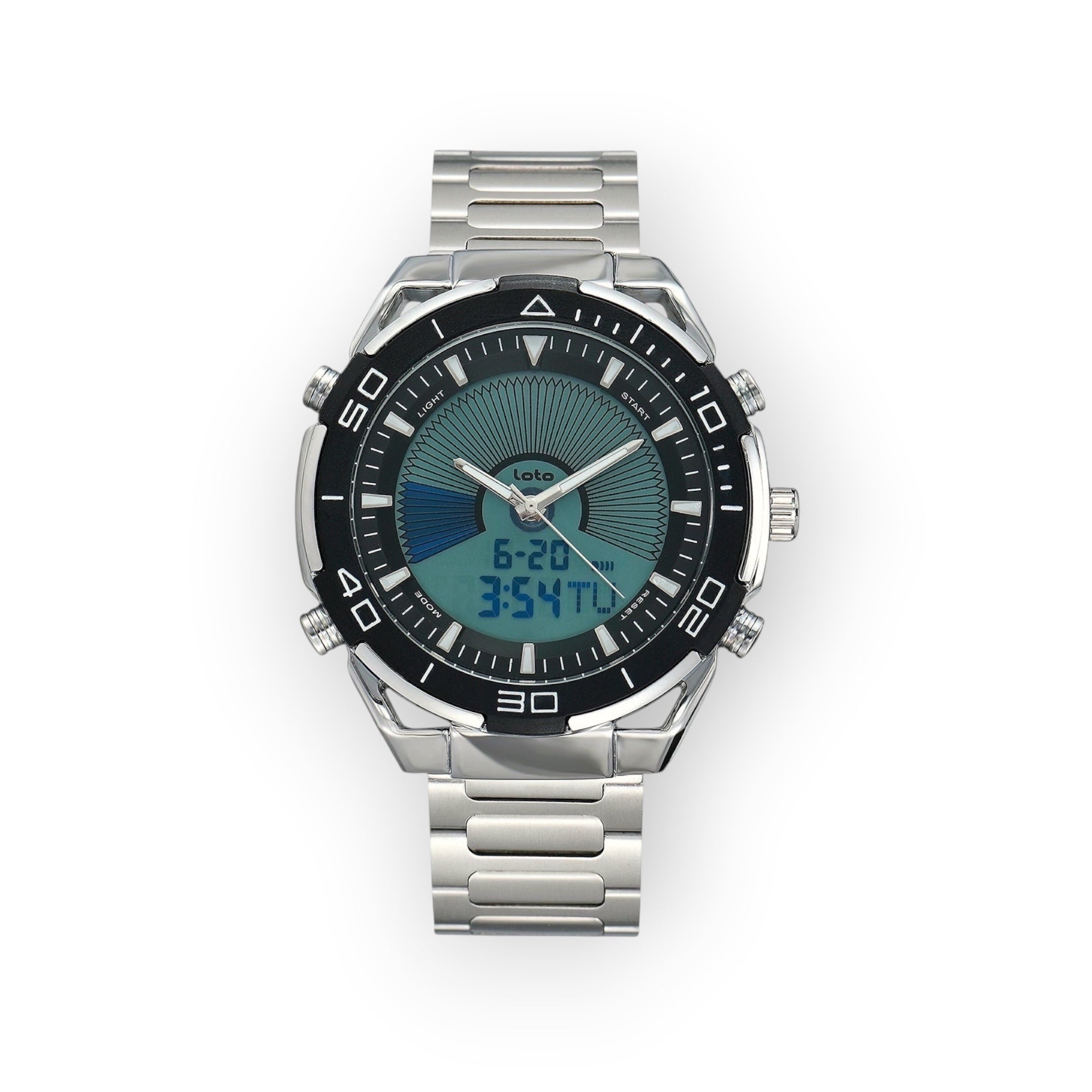Reloj LOTO COMPANY HORIZON / 2543 híbrido analógico-digital con esfera verde y azul, caja y correa de acero inoxidable plateado.