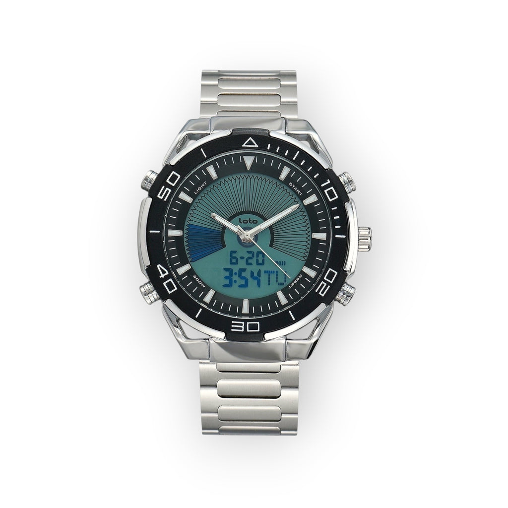 Reloj LOTO COMPANY HORIZON / 2543 híbrido analógico-digital con esfera verde y azul, caja y correa de acero inoxidable plateado.