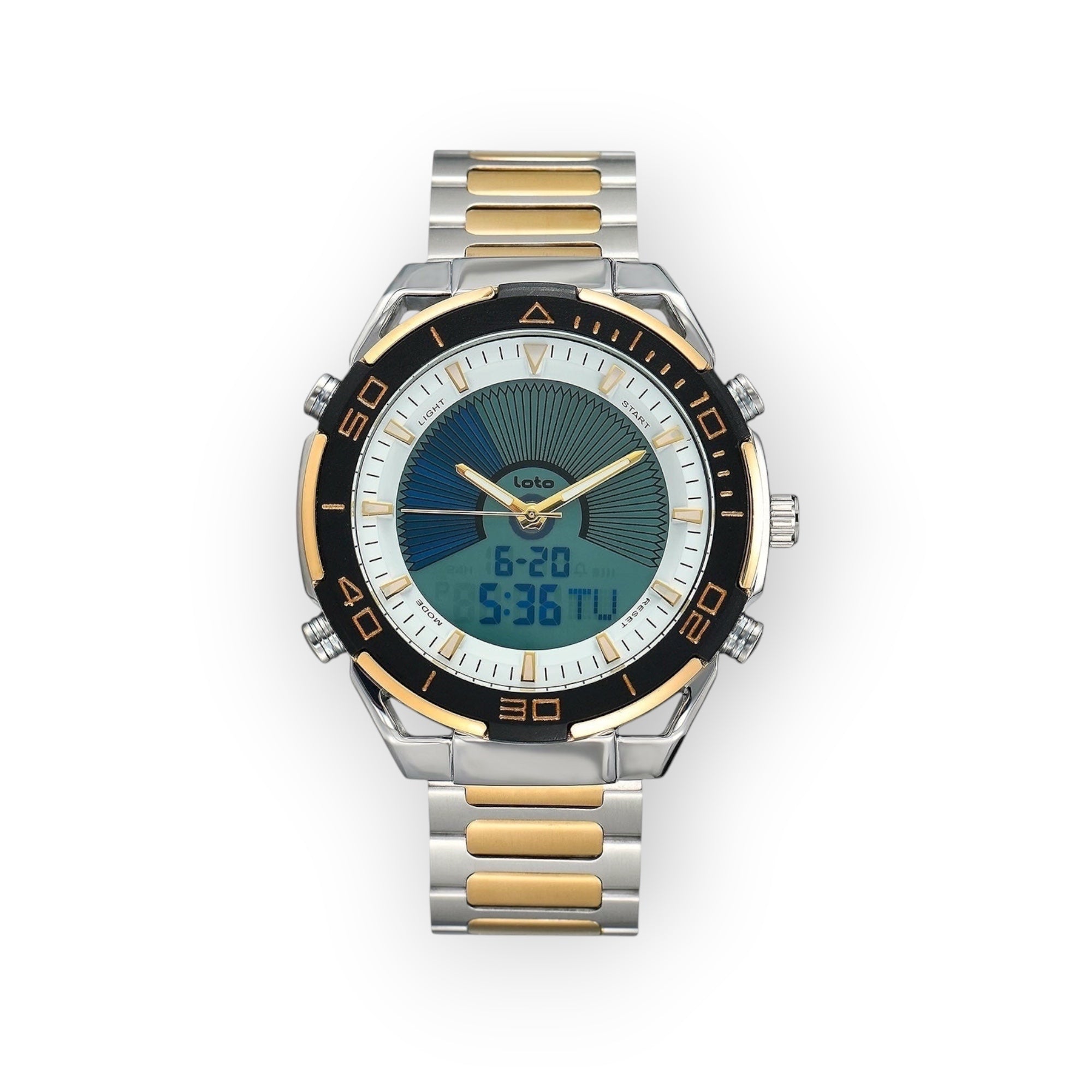 Reloj LOTO COMPANY HORIZON / 2543 bicolor de acero inoxidable con esfera híbrida y bisel giratorio. Funciones de cronómetro, alarma y luz.