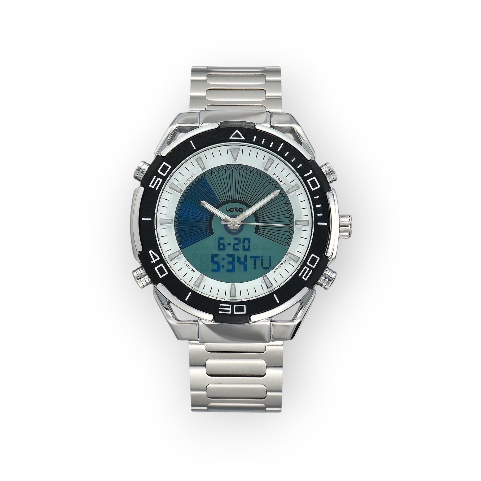 Reloj LOTO COMPANY HORIZON / 2543 híbrido analógico-digital de acero inoxidable plateado con esfera verde y azul y bisel giratorio.