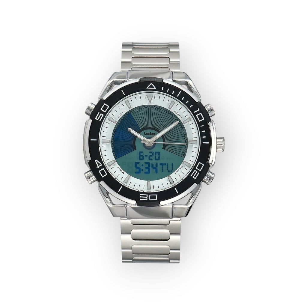 Reloj LOTO COMPANY HORIZON / 2543 híbrido analógico-digital de acero inoxidable plateado con esfera verde y azul y bisel giratorio.