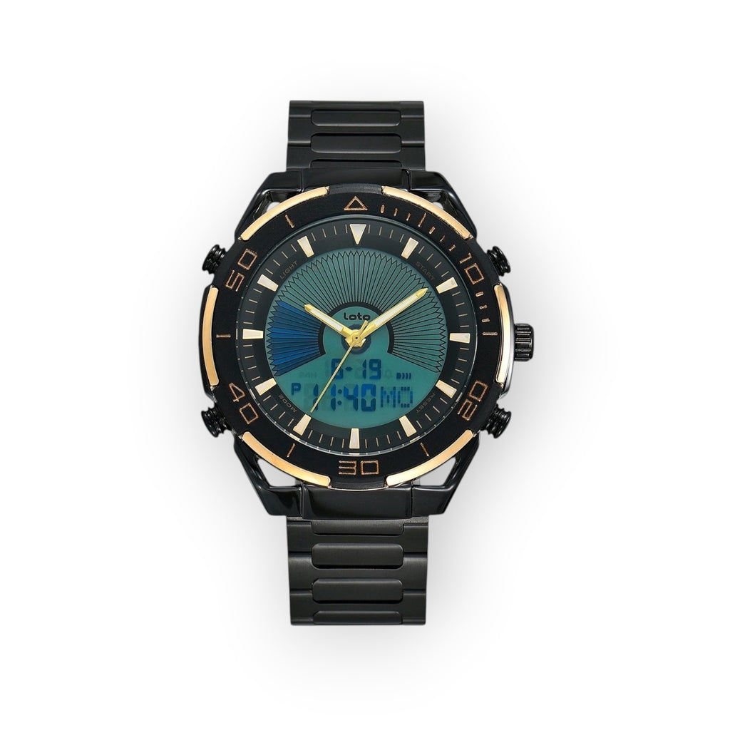 Reloj LOTO COMPANY HORIZON / 2543 híbrido analógico-digital con esfera verde y azul, caja y correa de acero inoxidable negro y detalles dorados.