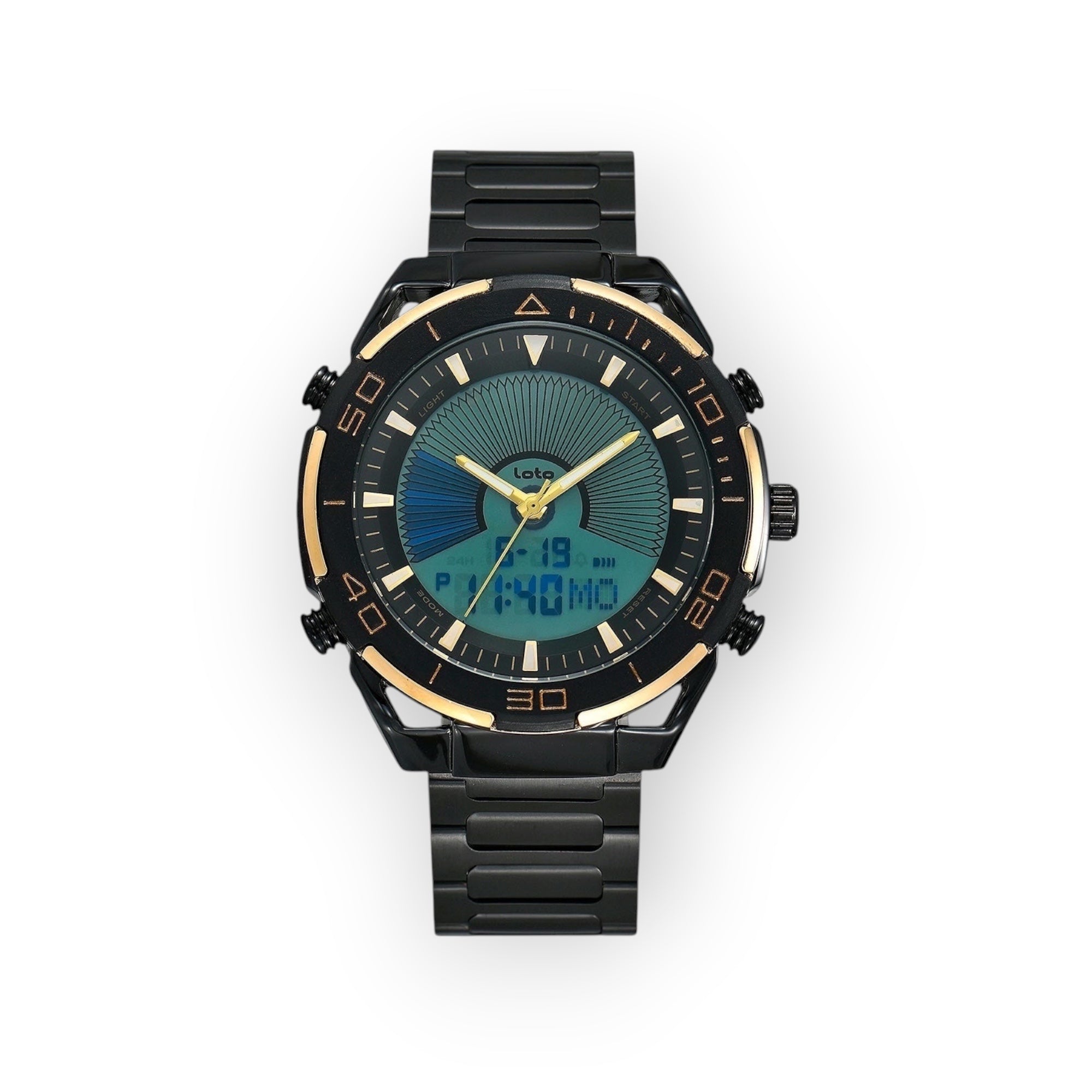 Reloj LOTO COMPANY HORIZON / 2543 híbrido analógico-digital con esfera verde y azul, caja y correa de acero inoxidable negro y detalles dorados.