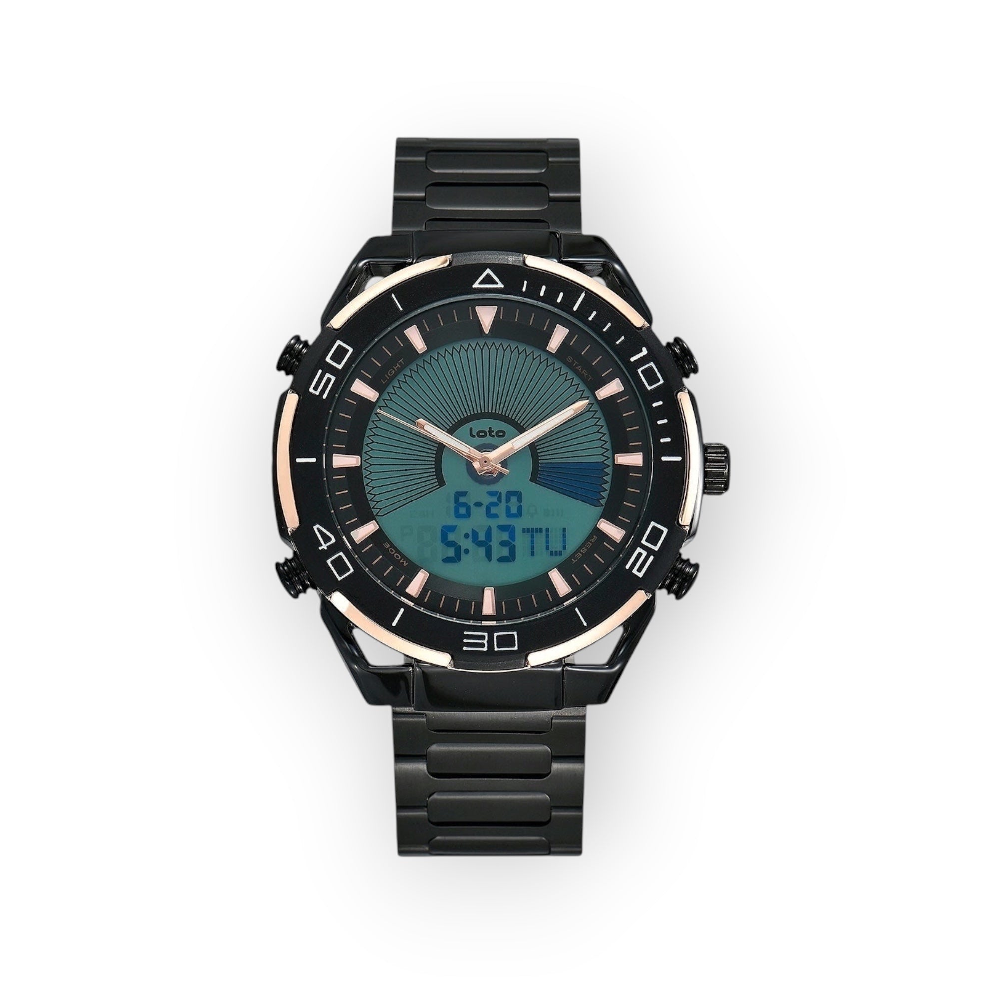 Reloj LOTO COMPANY HORIZON / 2543 híbrido analógico-digital con esfera verde y azul, caja y correa de acero inoxidable negro.