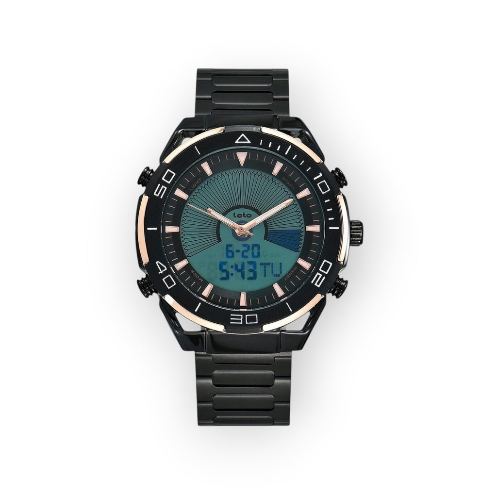 Reloj LOTO COMPANY HORIZON / 2543 híbrido analógico-digital con esfera verde y azul, caja y correa de acero inoxidable negro.