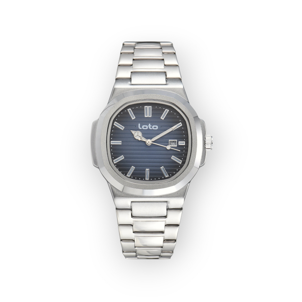 Reloj LOTO COMPANY Kelvoran 2605 con esfera azul estriada, caja y correa de acero inoxidable plateado