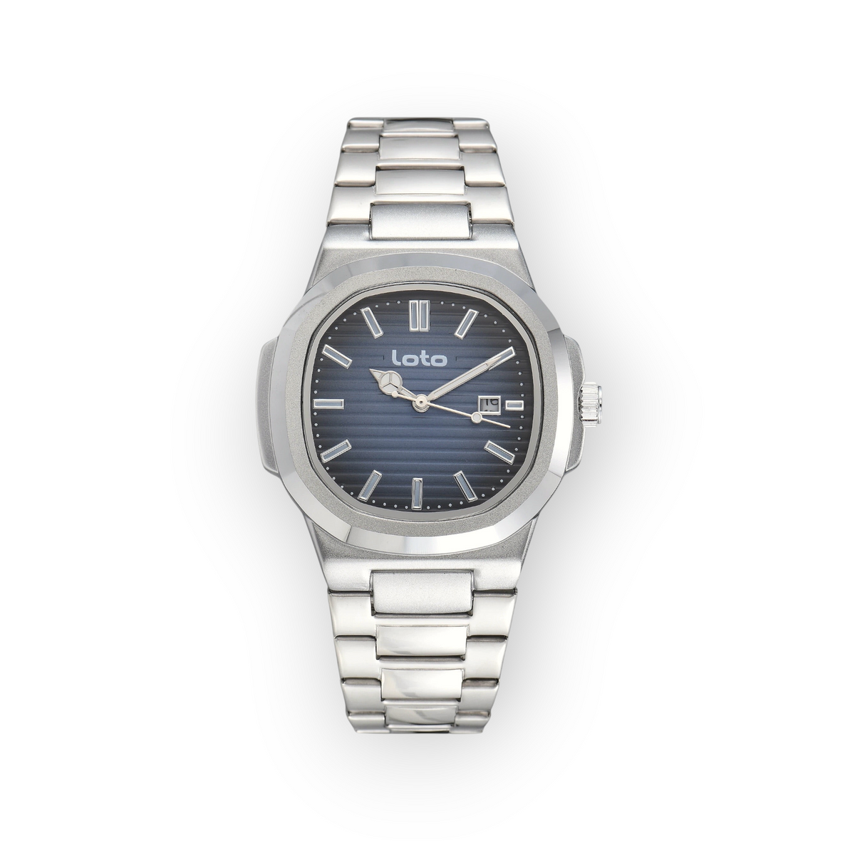 Reloj LOTO COMPANY Kelvoran 2605 con esfera azul estriada, caja y correa de acero inoxidable plateado